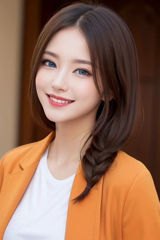 a beauti,((whitet-shirt)),(Orange coat),((eBlue eyes)),Open your mouth and smile,long whitr hair,((Side photo)),((Best quality at best)), ((tmasterpiece)), (Detailed pubic hair), s the perfect face