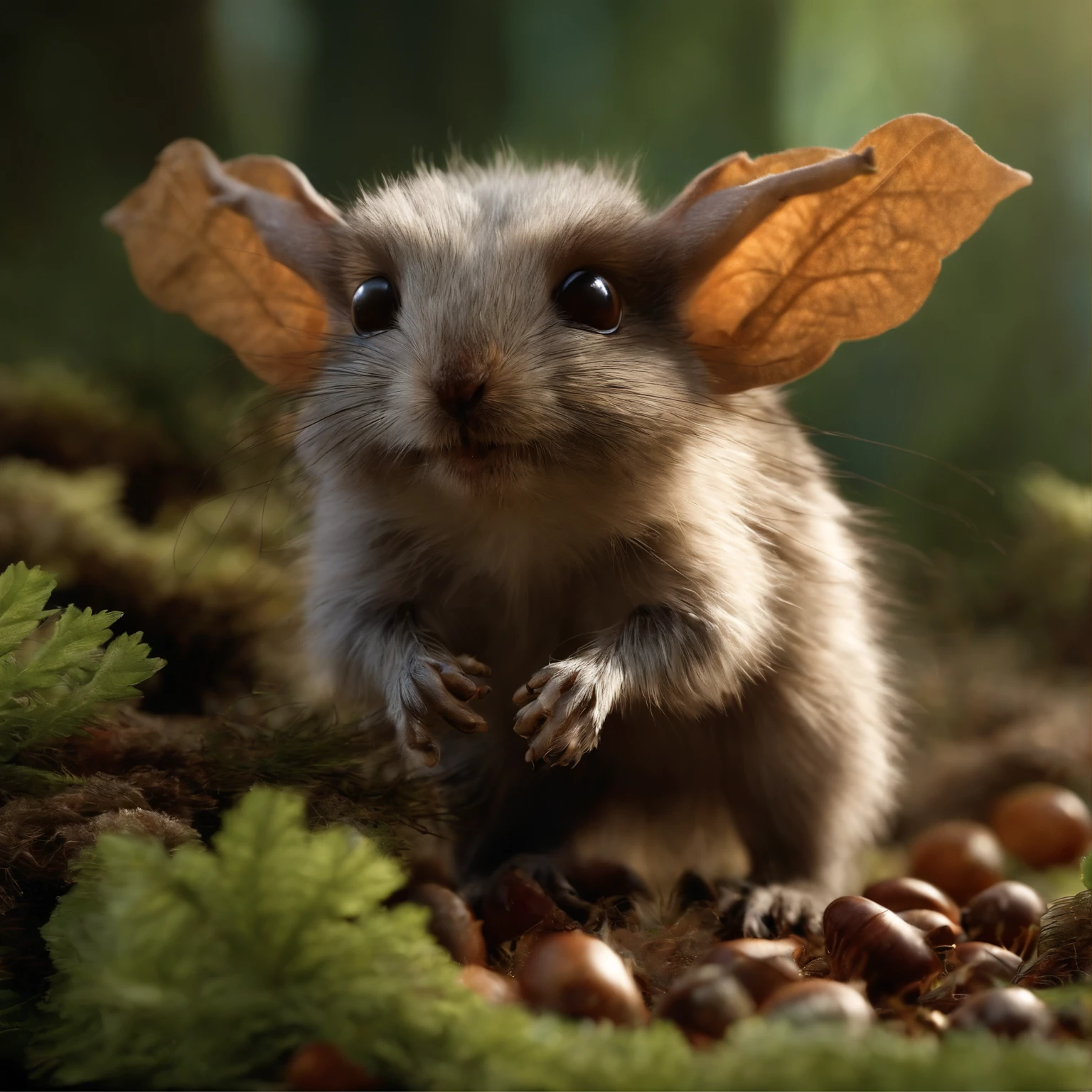 gremlin, mole-like, bright silver and brown, long tail, doubled nose, huge ears, covered with silver fur,shaggy, five toes on each paw, holding a huge acorn in his paws, Standing in a forest clearing under the foliage of a bast tree, acorns are lying in the clearing, acorns glow, Crickets fly, Best Quality, Masterpiece, in style of dark fantasy art