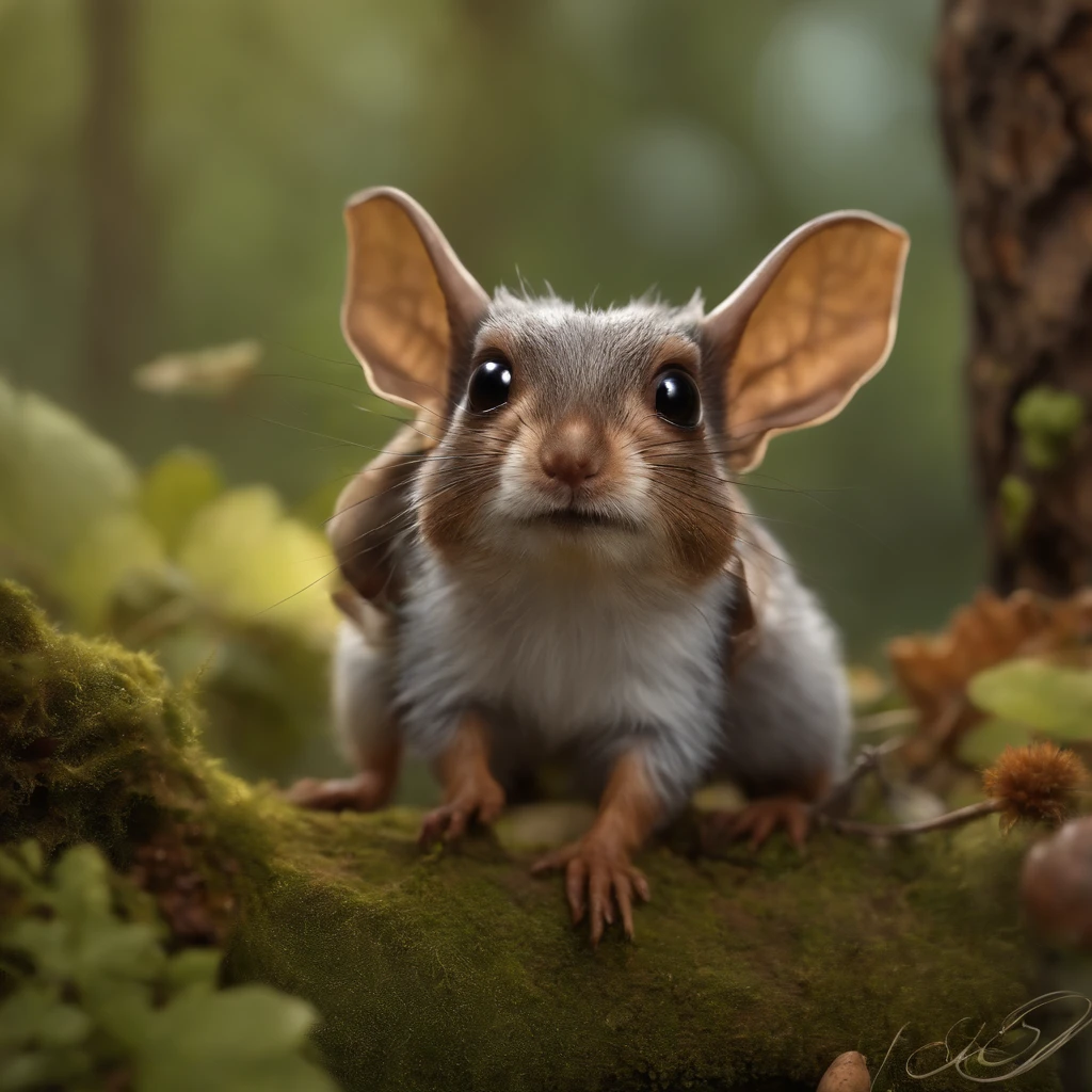 gremlin, mole-like, bright silver and brown, long tail, double nose, huge ears, covered with silver fur,tousled, five toes on each paw, holding a huge acorn in his paws, I'm standing in a forest clearing under the foliage of bast., acorns lie in the clearing, acorns glow, Crickets fly, Best Quality, Masterpiece, in style of dark fantasy art, in the style of fantasy, in the style of John Tolkien,