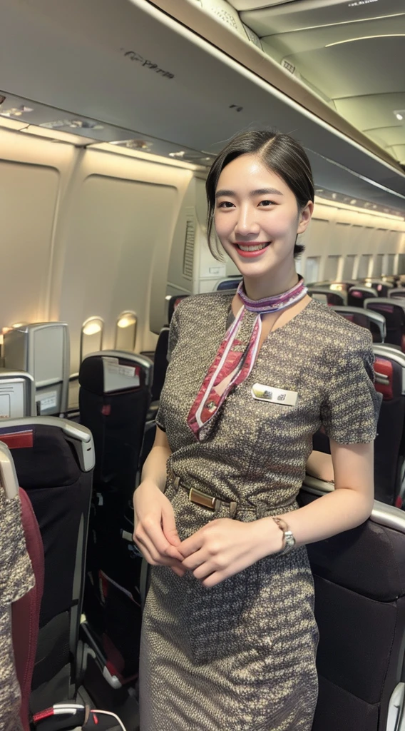 1Japanese woman, Solo, 30-years old, (Cabin Attendant Uniform:1.3), Smile, fluffy brown eyes, Beautiful face, Black short hair, (Detailed face), Detailed lips, Detailed face, Detailed chest, detail, Perfect body, Standing, Cowboy Shot, ((Background: in an airplane)), 8K, of the highest quality, Intricate details, Ultra Detail, Ultra High Resolution, masutepiece,