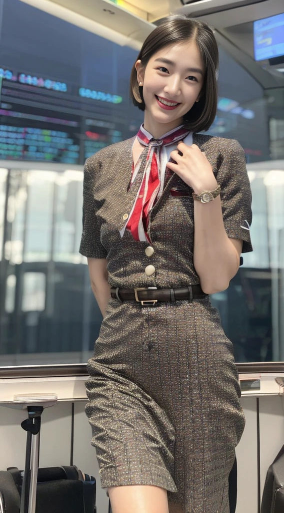 1Japanese woman, Solo, 30-years old, (Cabin Attendant Uniform:1.3), Smile, fluffy brown eyes, Beautiful face, Black short hair, (Detailed face), Detailed lips, Detailed face, Detailed chest, detail, Perfect body, Standing, Cowboy Shot, ((Background: in an airplane)), 8K, of the highest quality, Intricate details, Ultra Detail, Ultra High Resolution, masutepiece,