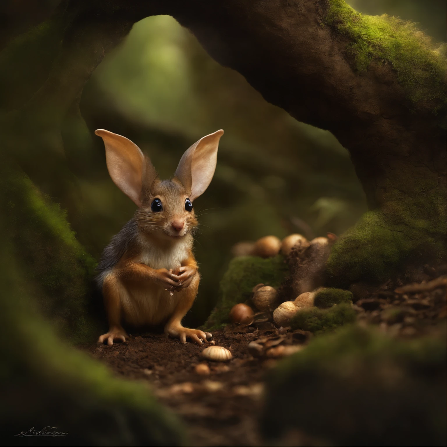 In the cave,Small male goblins, hobbit-like., huge ears, five toes on each paw, sitting on a stump in a clearing near a puddle, huge acorn in paws, standing in a forest mushroom clearing, there are acorns lying around here, Crickets fly,