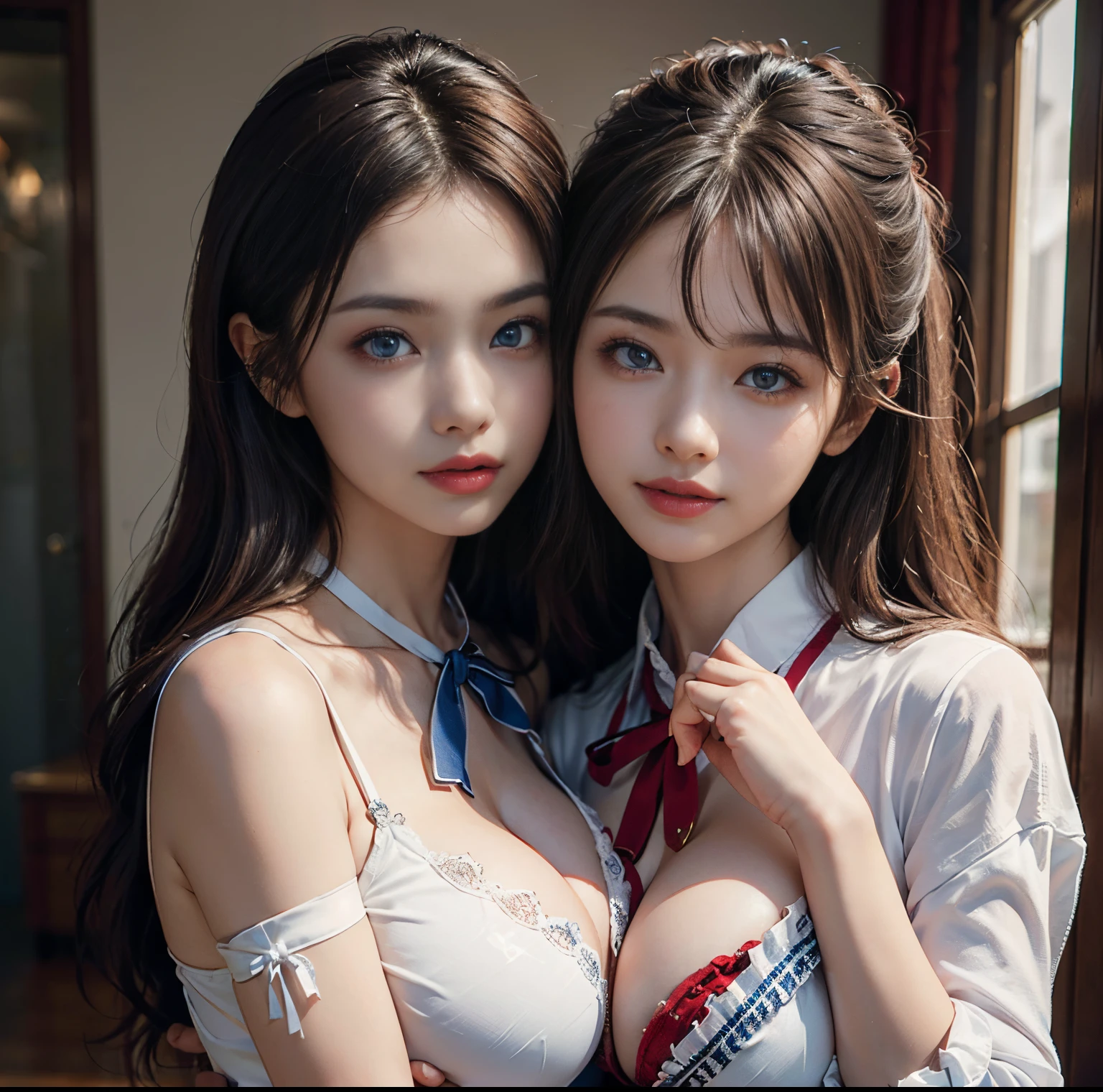 top-quality, 8K picture quality, ​masterpiece, (Professional lighting without shadows), (Two Women:1.2), (with perfect body、Colossal breasts with tension:1.2), (Bright whitening skin:1.2), (Bright and beautiful blue eyes with plump red tear bags reflect a lot of light..1.2)、 (They wear tight white blouses with bright red ribbon ties。), (The upper body and chest are covered with clothes so no skin is exposed.:1.2),  (Hold your proud big breasts in both palms and show them off from the front while emphasizing them 1.3),