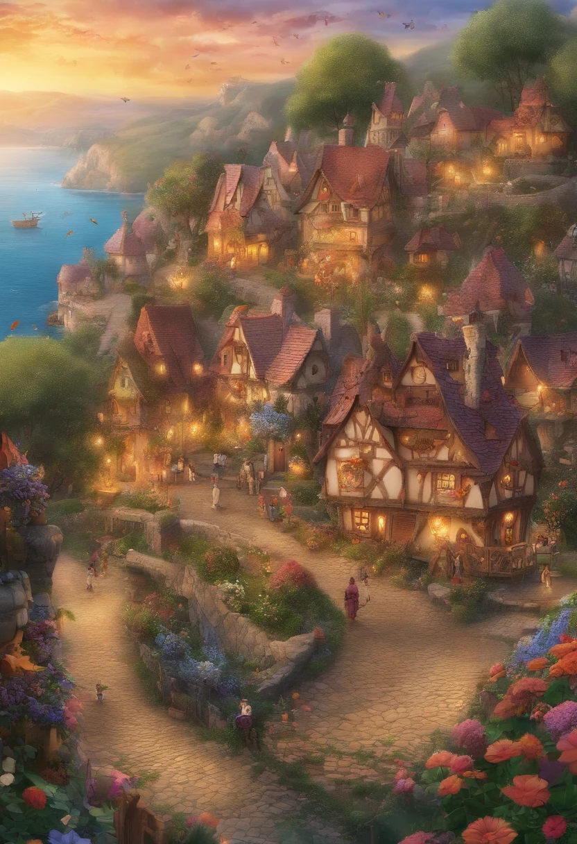 (High Quality, Masterpiece, Ultra Detail: 1.3) A beautiful village, a lot of children and old people, sunset in the evening, a lot of flowers around, close to the sea, a lot of butterflies, seagulls, a wide view.