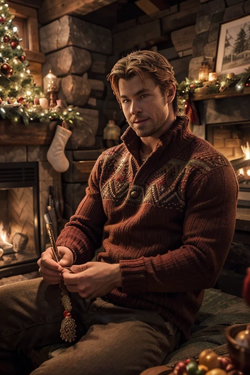 An image of Chris Hemsworth celebrating Christmas in a stunning and detailed artwork, truly capturing his beauty and charisma. The medium used for this artwork is an oil painting, creating a classic and rich texture. The scene is set in a cozy log cabin, with a roaring fireplace in the background adding warmth and ambiance. Chris is dressed in a stylish red sweater with intricate patterns, complementing the festive atmosphere. He is depicted with his mesmerizing blue eyes, perfectly chiseled facial features, and a captivating smile that radiates joy. The lighting accentuates his sculpted physique, casting soft shadows that enhance every contour of his body. The image quality is of the highest standard, with crisp details, vibrant colors, and a sharp focus that brings the artwork to life. The overall color palette exudes a cozy and warm ambiance, with hints of red, green, and gold that capture the spirit of Christmas.
