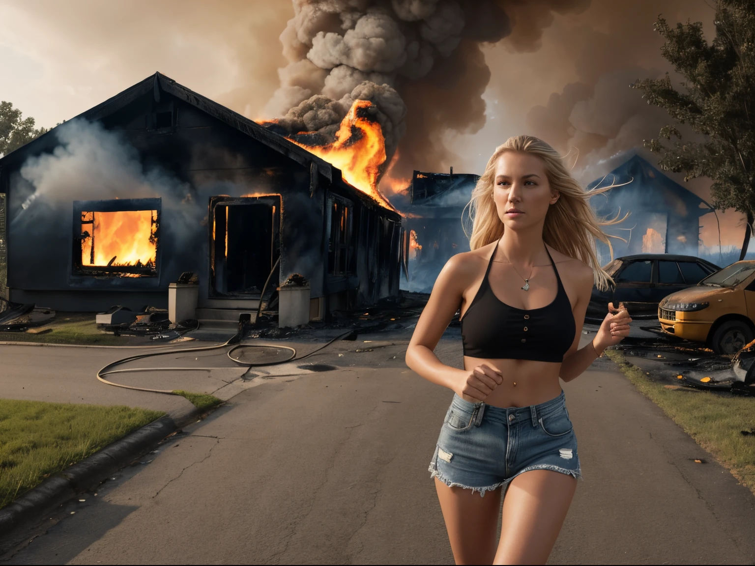 full shot, blonde woman, aged 25, frightened, panic), running down a sidewalk on a suburban street, wearing denim shorts and a halter top, a (((burning home))), (((house on fire))), (smoke), trees, sharp detail, shocked expression, dark stormy sky, sun breaking through the clouds, ethereal lighting, dramatic, composition, epic scale, sense of awe, ultra-high res.photorealistic:.1.4, (high detailed skin:1.2), 8k uhd, dslr, high quality, film grain, Fujifilm XT3
