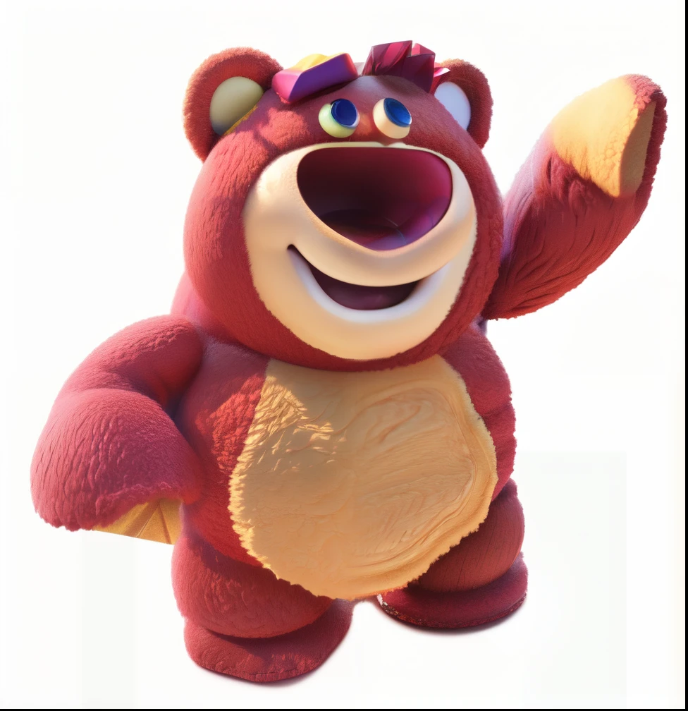 Close-up of a pink stuffed teddy bear waving its paws, depicted as a pixar character, ideal pixar character, Pixar", pixar character, pink iconic character, cute pixar character, as a pixar character, As a claymation character, dusty, Plush one, bear, Made by Pixar, A luxurious, toy bear, lumpy skin, pixar character design, gummy bear,blindbox,3D,Clay texture