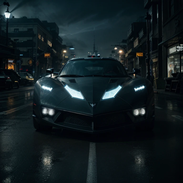 bat mobile, dark, high-tech, sleek design, futuristic, stealthy, powerful engine, bat symbol, black paint, bulletproof glass, state-of-the-art gadgets, flamethrower, grappling hooks, jet propulsion, armored plates, night vision, crime-fighting, Gotham City