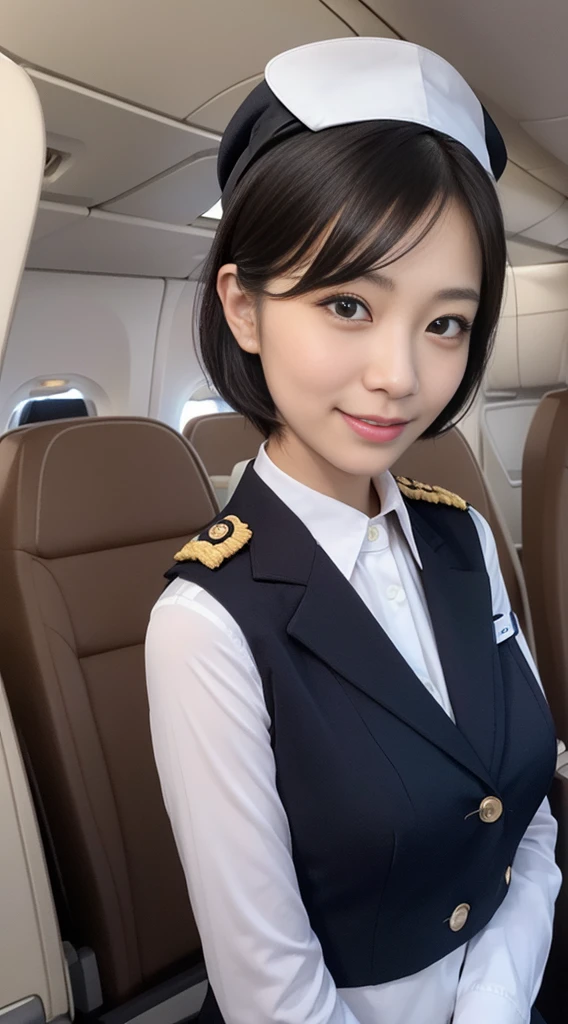 1Japanese woman, Solo, 30-years old, (Cabin Attendant Uniform:1.3), Smile, fluffy brown eyes, Beautiful face, Black short hair, (Detailed face), Detailed lips, Detailed face, Detailed chest, detail, Perfect body, Standing, Cowboy Shot, ((Background: in an airplane)), 8K, of the highest quality, Intricate details, Ultra Detail, Ultra High Resolution, masutepiece,