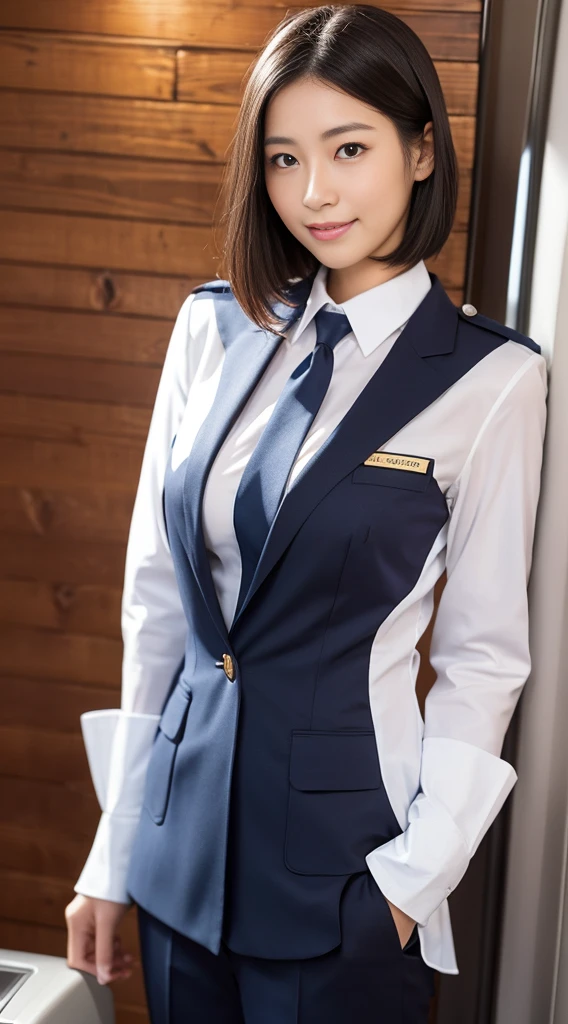 Huge and、In ideal form、A sexy、large boob、s ass、Perfect Style、Ideal woman、Half visible from uniform、tits out、Beautiful five fingers with a delicate form、The beauty of, Brown hair, updo hair, (((Lace artistic color panties))), (((Very sweet smile))), looking at the viewers, (((Winter uniforms for flight attendants))), (((Winter uniforms for flight attendants))), (Winter uniforms for flight attendants), ((of the highest quality,, masutepiece: 1.3)), One Woman、Highest dignity、carismatic、 hyperdetailed face, very detailed lips, Detailed eyes, Archaic beauty, Being in a jet、Background with、Beautiful five fingers with a delicate form、Skirt Uniform、