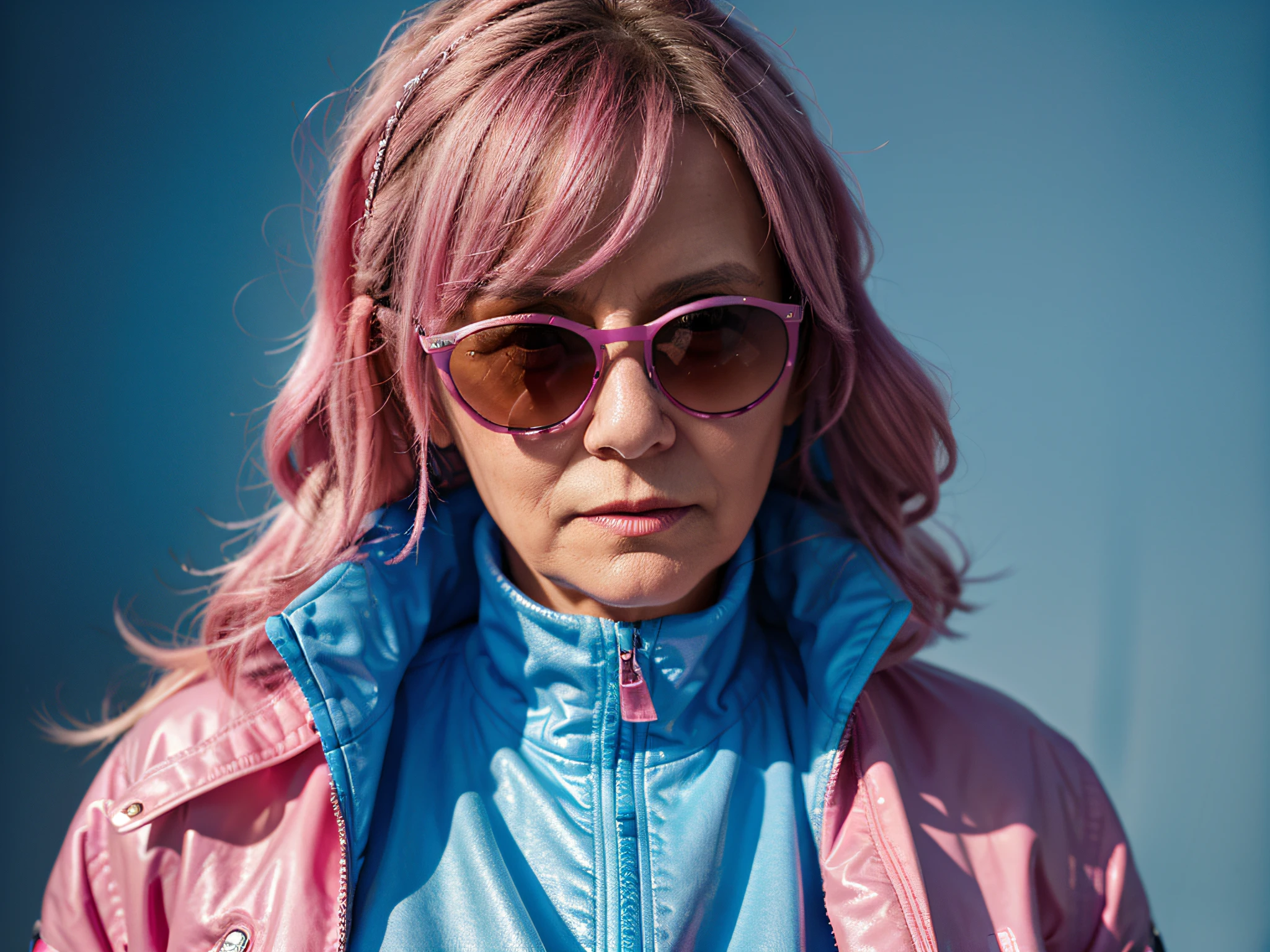 granny style photo, estilo de jaqueta rosa, blue sunglasses, estilo urbano, blue studio background, medium shot, flashy lighting, Brilhante, Tiro em Leica, foco profundo