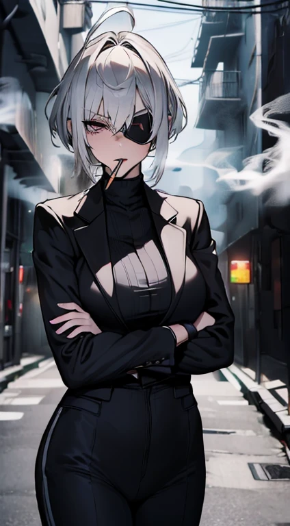 (best quality,4k,highres,masterpiece:1.2),ultra-detailed, adult Female, short white hair, black eyes, ahoge, black suit, night city,crossed arms, eyepatch, smoking,