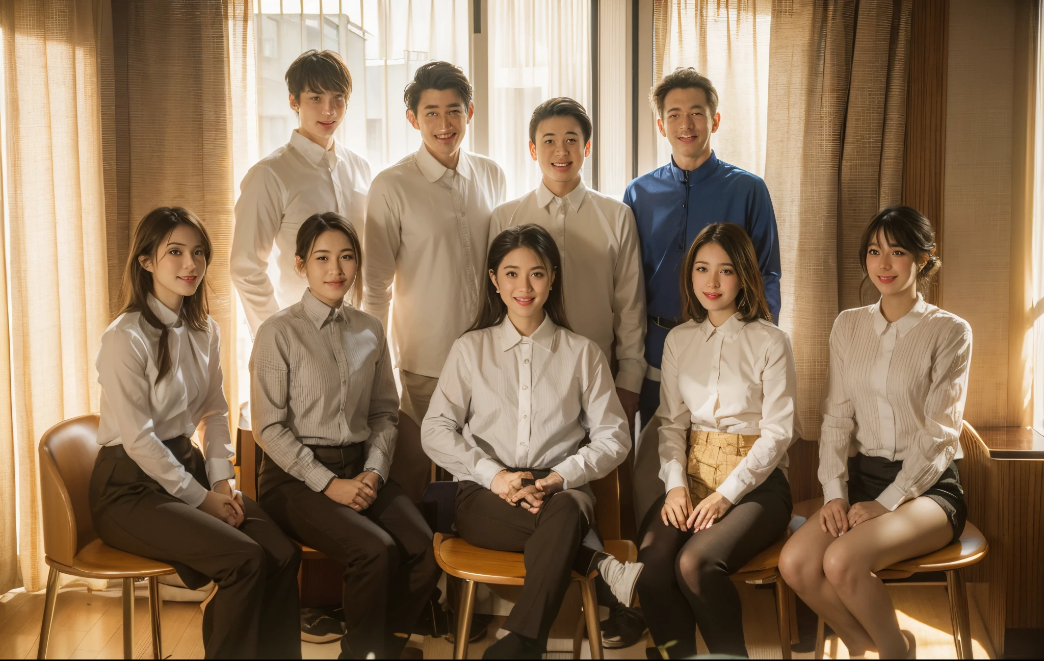 Six Americans sitting on stools, Four Japanese stalls, everyone is smiling, boys and girls, office room, In the daytime, In high-rise buildings, of a real, actual, photograph realistic, s delicate face, Positive point of view, 8K Magic Flute 4k, Exquisite, Exquisite