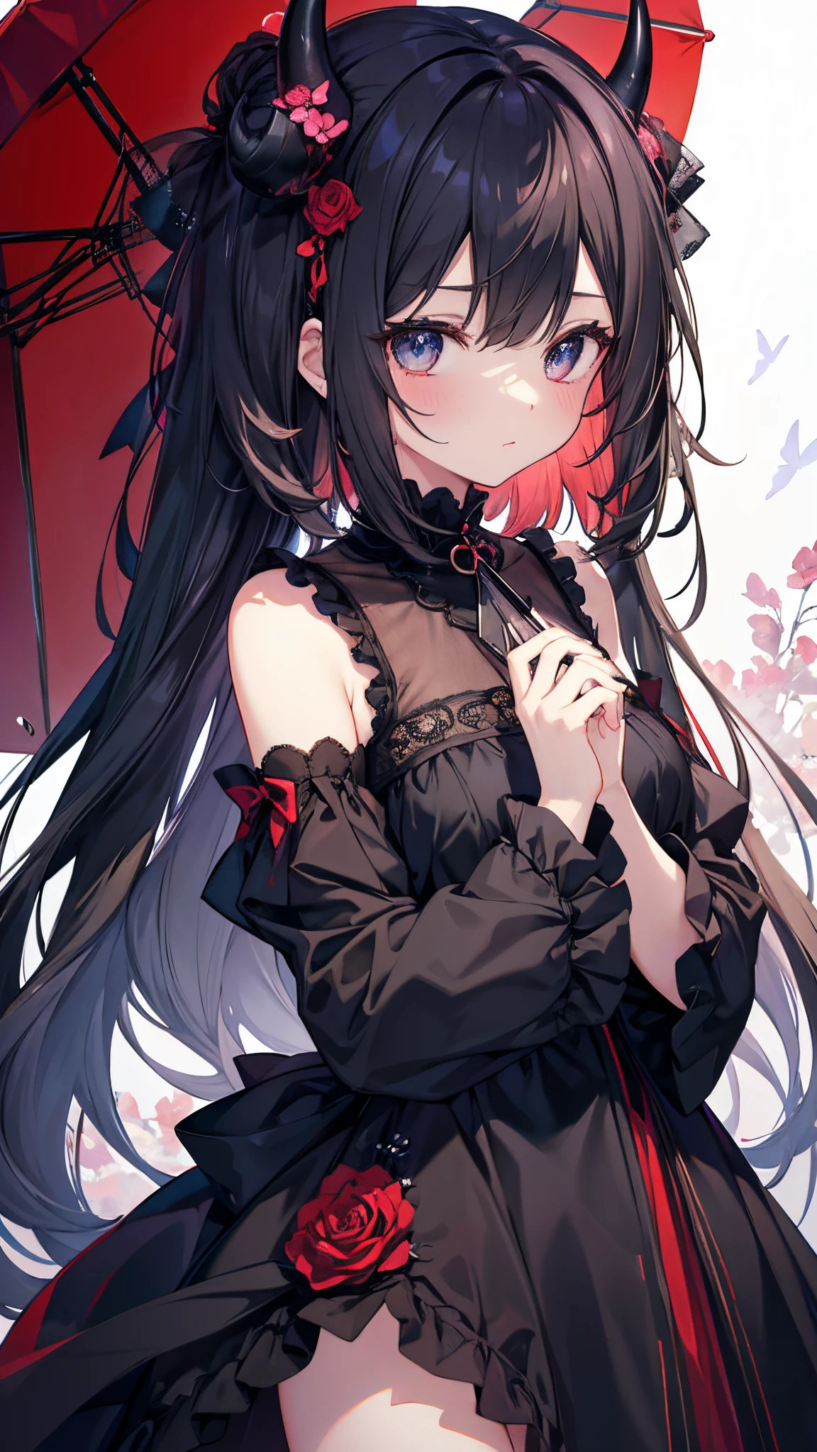 (​masterpiece)、(Top image quality)、hight resolution、(pretty and cute)、4k、(Up to detail)、girl with、a girl、soio、beautifull hands、illustratio、Fantasia、Short black hair、Akame、Beautiful eyes、Delicate eyes、red and black dress、2 horns、Gothic lolita、Transparent illustration、colourfull、Delicate background、Superb view、