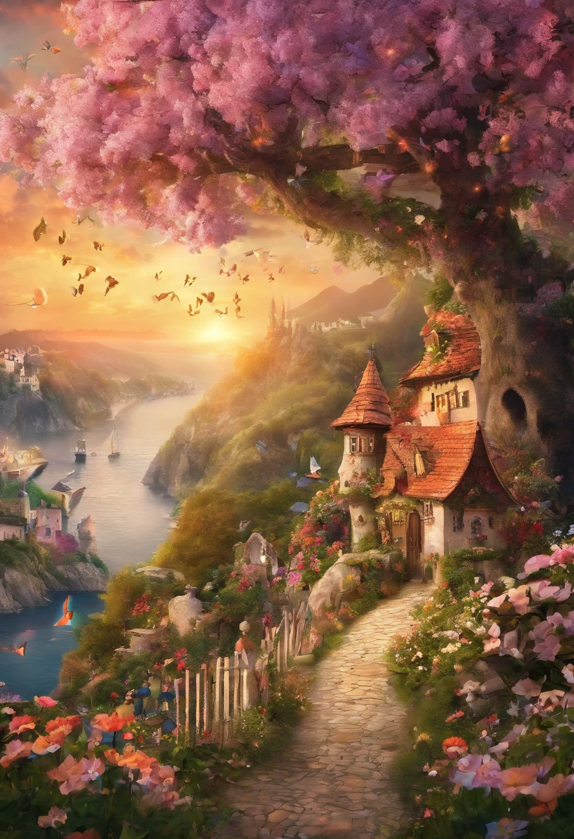 (best quality, masterpiee:1.3) A beautiful village with lots of children and elderly people, a sunset in the evening, surrounded by many flowers, near the sea, lots of butterflies, seagulls, and a wide-open view.