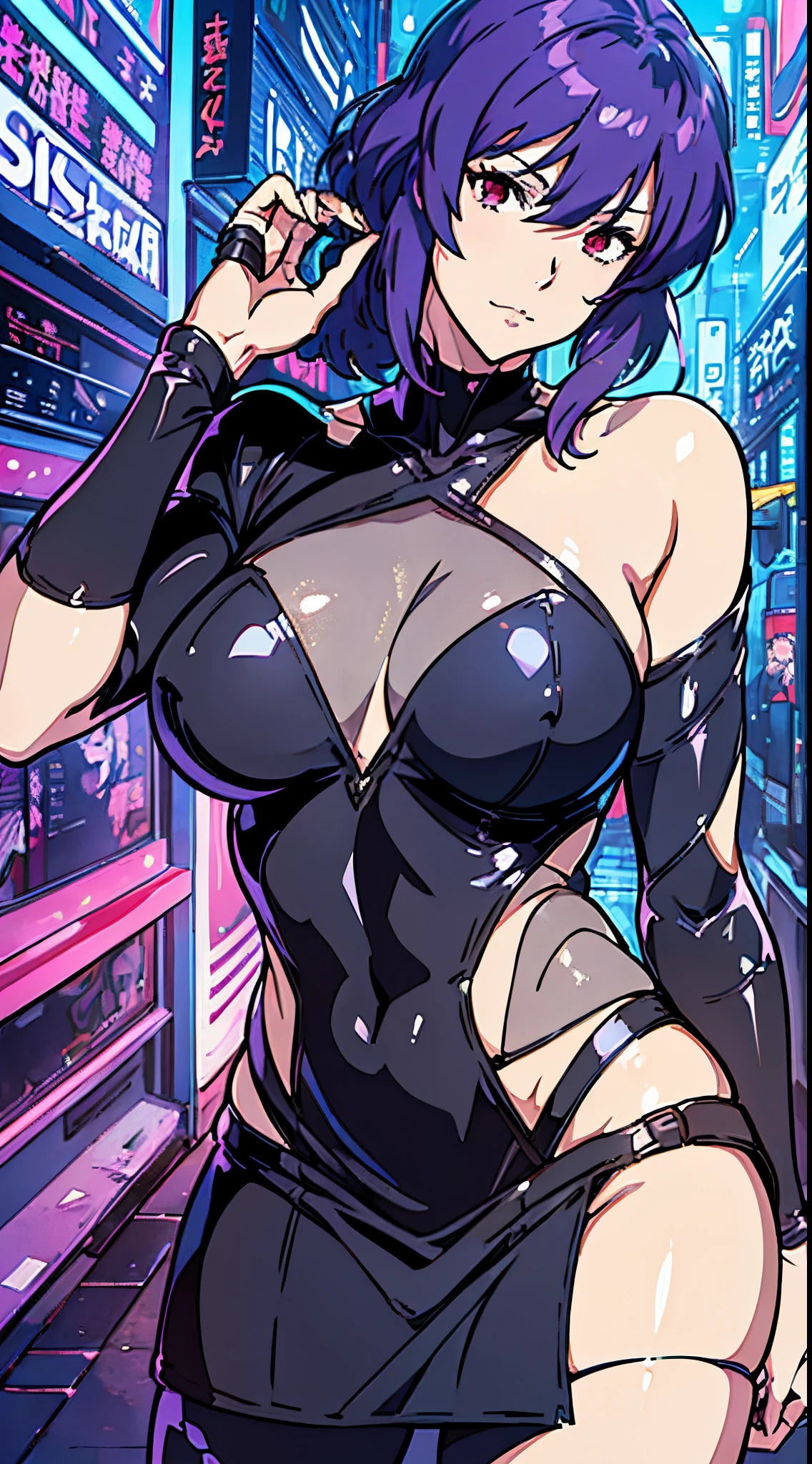kusanagi motoko, Purple colored hair, red eyes,Anime style woman wearing black leggings， anime《Fantasma na Concha》Curly, kusanagi, Misato Katsuragi, Inspired by Morikage Hisumi, anime, Fantasma na Concha, Ghost in the Shell style,seductive anime girls, Anime cute art style, smooth anime cg art, thicc, Anime girl wearing black dress, photorealistic anime girl rendering, ECCHI anime style, realistic anime 3D style, attractive anime girls, noire moody scene, [ 4K digital art ]!!