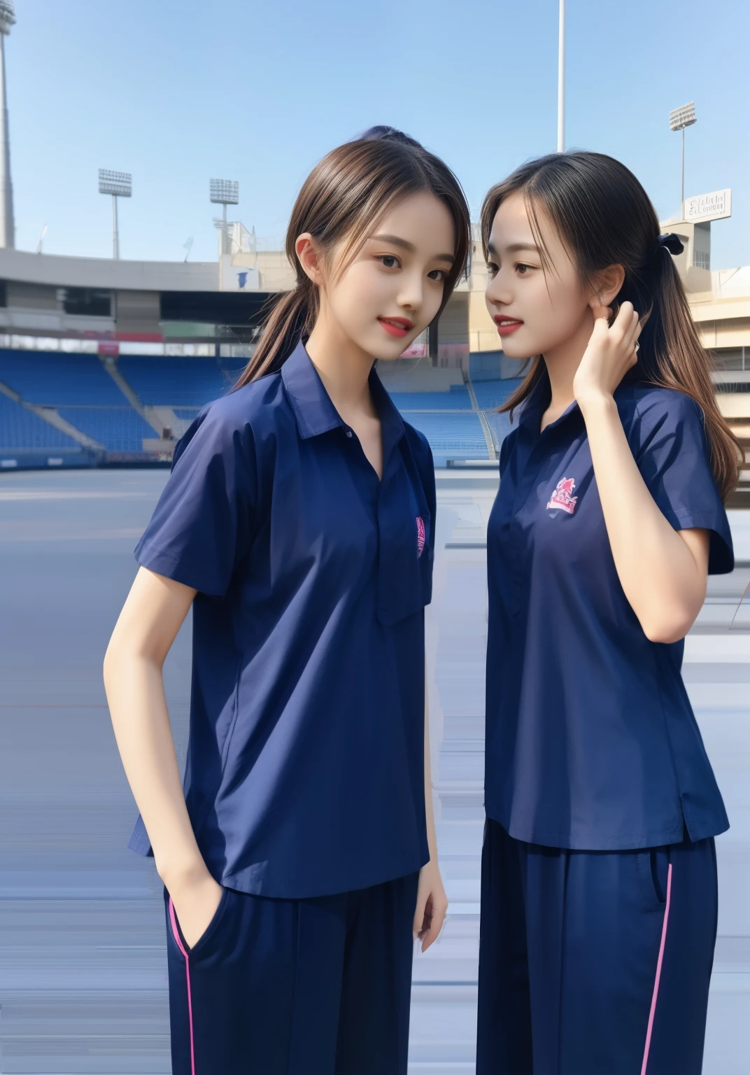(bestquality,10,10,highres,masterpiece:1.2),ultra-detail,(Realistic,photorealistic portrait,photo-realistic:1.37),1 Cute girl in the football field,oily shiny skin,bara,light smile,BDclothes,((blue shirt:1.3)),short sleeves,shirt, trousers.,(navy_long_Pants Track:1.1), ((Stadium Background:1.3)),dynamic angle,excited,face focus,Dynamic Poses,from behide,Ass Focus,masterpiece, bestquality, ultra realistic, hyper-detail, 8k resolution, RAW photo, crisp focus, ((Navy blue shirt:1.1)), short sleeves, Long Path, Perfect body, 2 mature women, 18yo, cinematic light,Blue sweatpants,Gymware,Correct anatomy,Complete body, Correct body, sharp face, Anatomically correct body, full entire body, Realistic gestures, long-haired, Realistic poses,Wear long shorts...................,Long leg span,Shapely,Sculpting Girl, Slender Figure, mannequin mannequins, Shapely, Beautiful body,Blue sweatpants, Two girls kissing