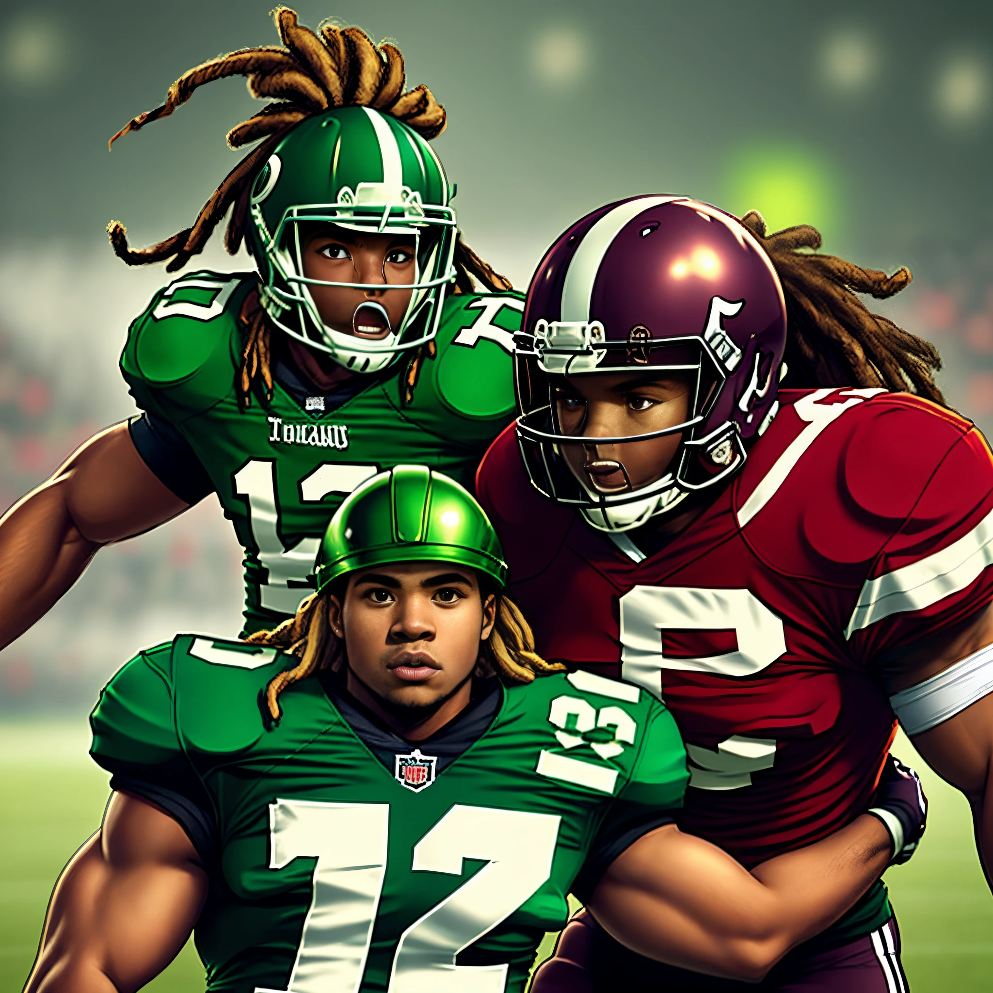 Buff grey Bulldog with a green helmet on it next to a football player who’s mixed with dreads in a green jersey with the letter 1 on it