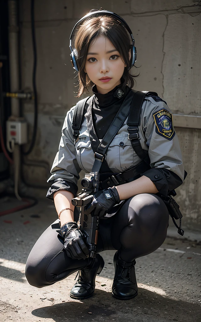 ((best quality, (masterpiece), photorealistic, photorealism, Photorealistic, high resolution)), 1girl full body, aiming with an assault rifle, another girl squatting behind, Combat pose, a bit chubby, (Detailed face), (wearing rash-guard likes police uniform, gloves, black and grey mecha, wearing futuristic-headset, black tights, military harness, holding a machinegun, carrying hich-tech-launcher), background grey wall, Fingers are occluded