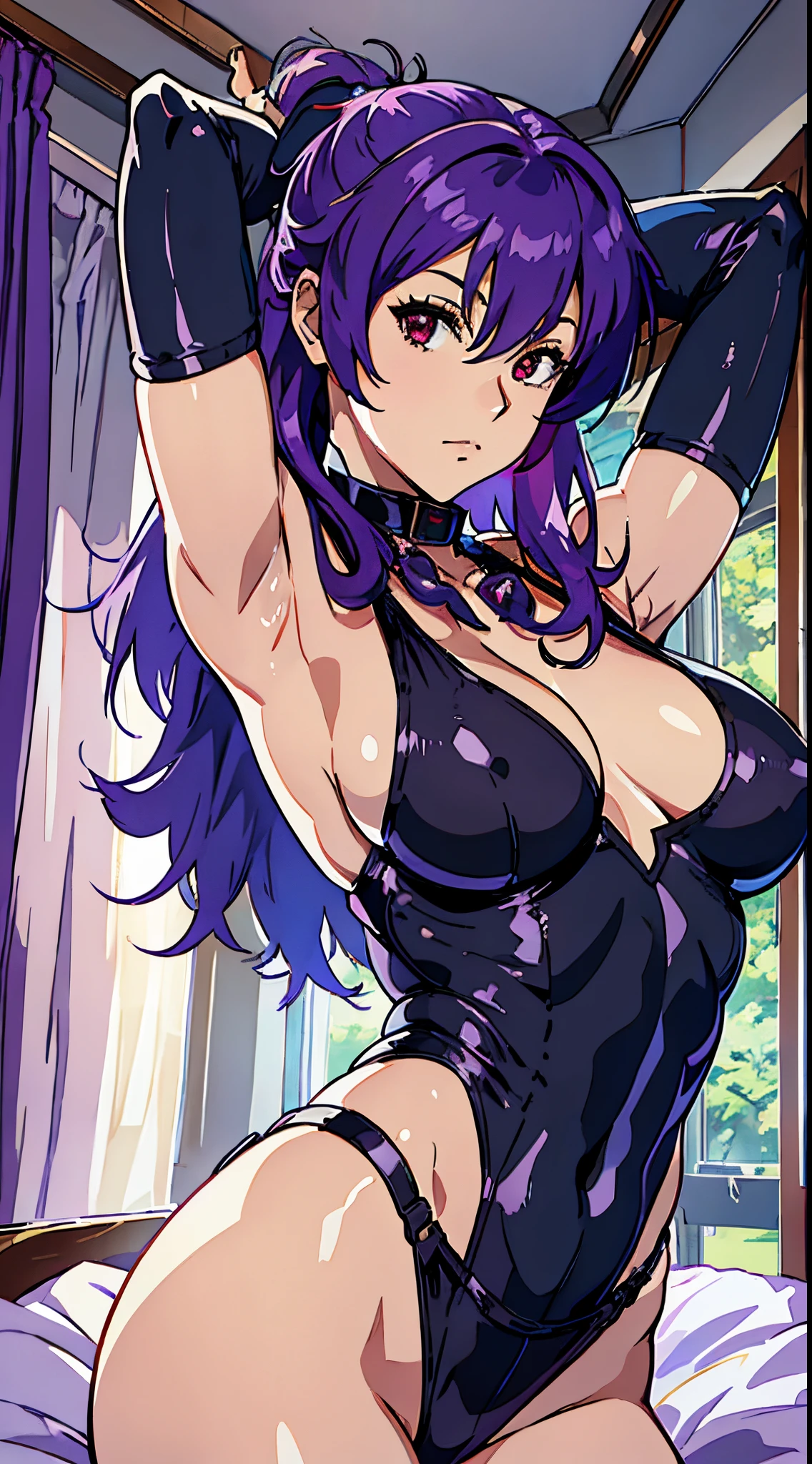 Suko Kusanagi, Purple colored hair, red eyes,Wearing a transparent black bodysuit，anime style beautiful woman, lie on bed， (tmasterpiece, Best quality:1.2), cow boy shooting, Alone, 1 busty girl, Highest resolution，distinct_Image of a）Best quality， maam， tmasterpiece， The is very detailed， Semi-realistic， Transparent oversized T-shirt，exposing her breasts， shirt pulling， The collar is around the neck， Inside the room， Modern bedroom， window， Get up， Morning， The face is red