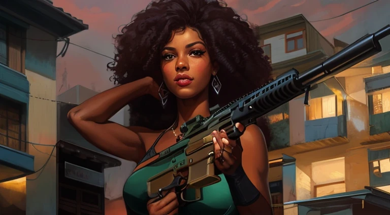 there is a woman holding a gun in front of a building, there is a woman holding a gun in front of a building, digital art by Jorge Jacinto, Artstation, afrofuturism, rob rey, extremely high quality artwork, beautiful artwork, stunning artwork, full art illustration, black woman, Art painted by Terese Nielsen, her husband Cliff Nielsen and Chris Moeller