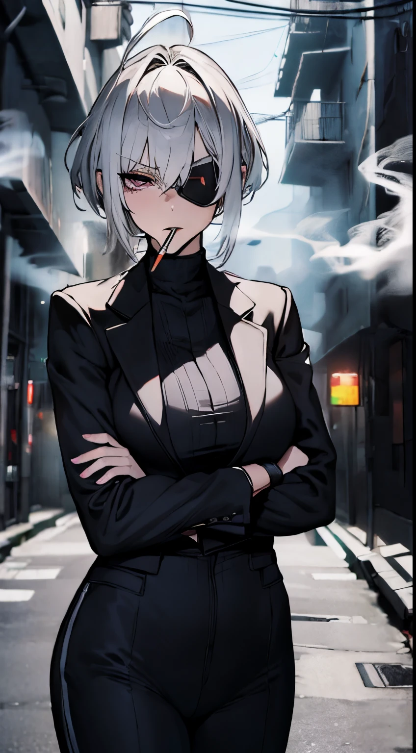 (best quality,4k,highres,masterpiece:1.2),ultra-detailed, adult Female, short white hair, black eyes, ahoge, black suit, night city,crossed arms, eyepatch, smoking,