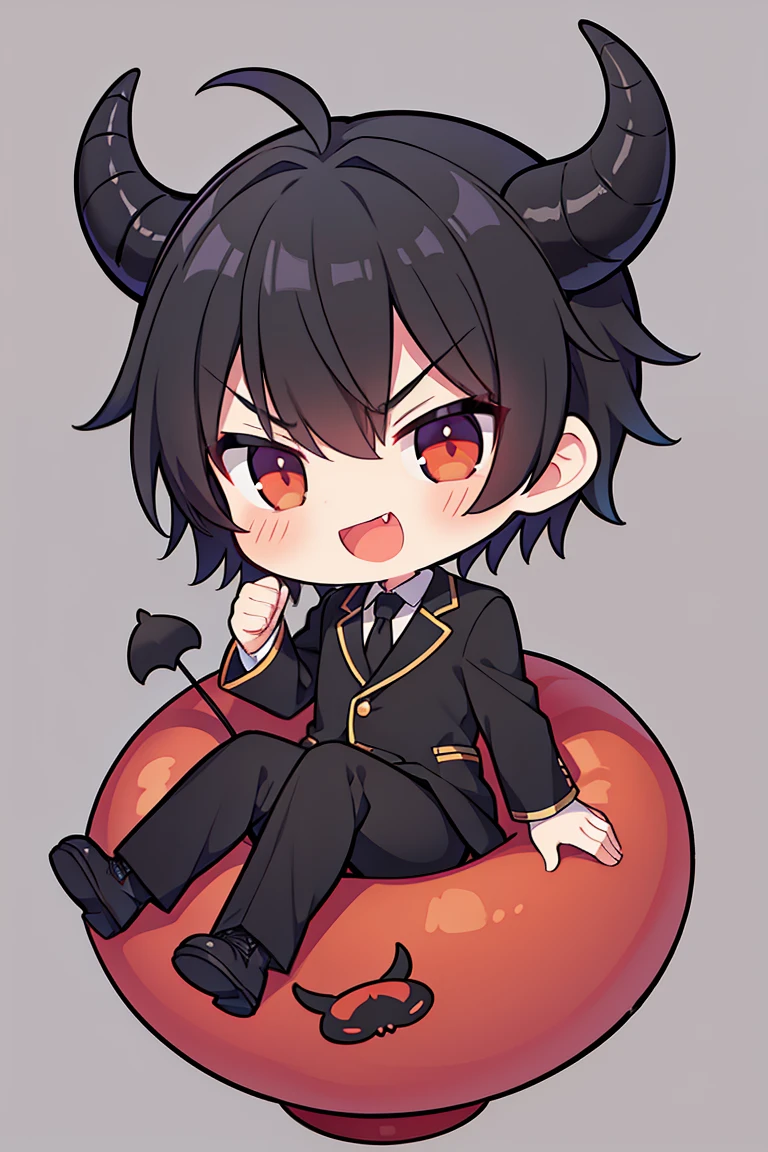 1 boy, Demon, short black hair, Long horns, large horns, suit, sitting, Floating, chibi, full - body, Small, angry, Smiling Fang, open mouth