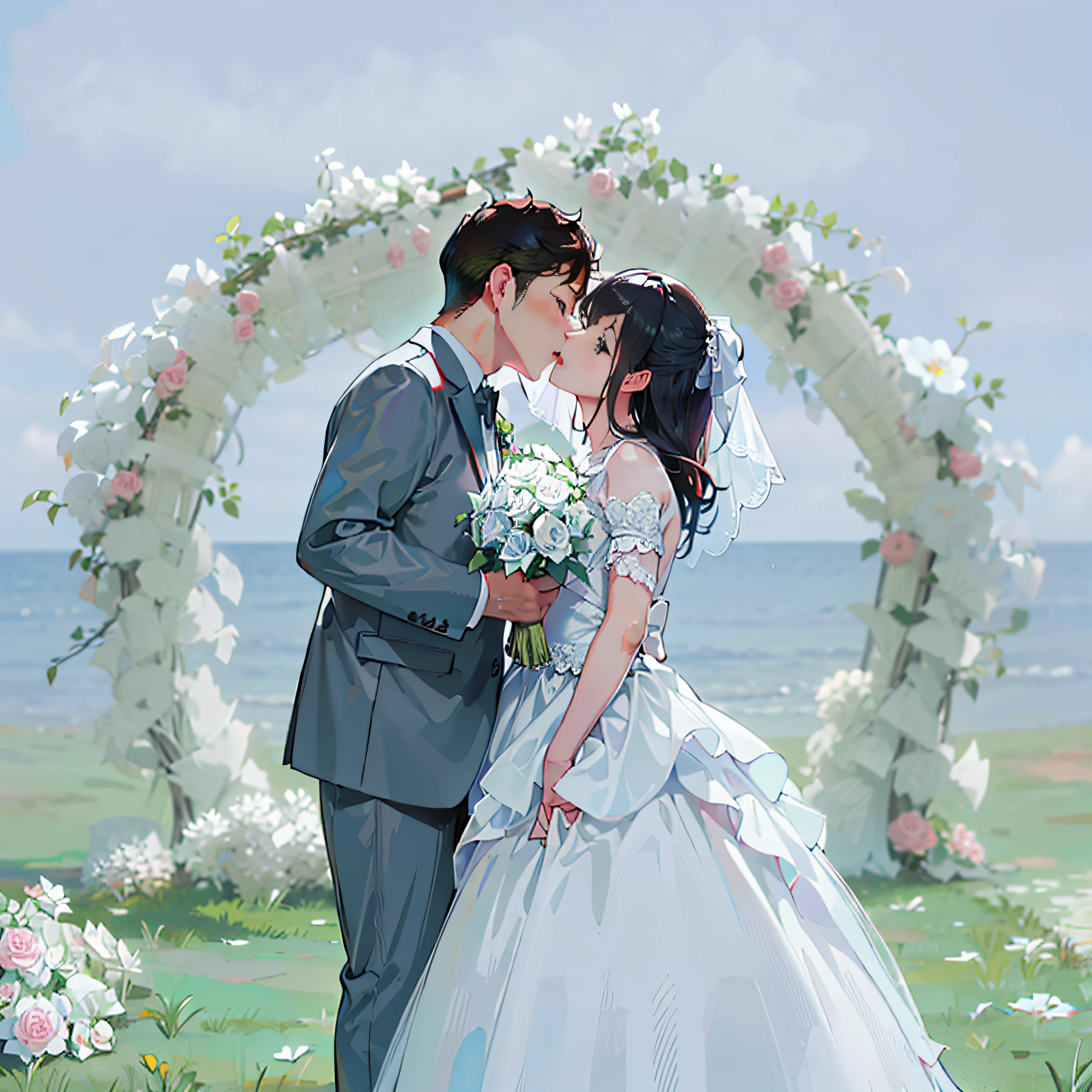 Bride and groom kissing in front of flower arch, wedding photo, Background with, Romantic, luxurious wedding, kissing together cutely, Weddings, Shot with Canon EOA 6 D Mark II, couple kissing, trailer, lovely kiss, professional wedding photography, 🤬 🤮 💕 🎀, 𝓡𝓸𝓶𝓪𝓷𝓽𝓲𝓬, wedding photography, kisses, behind the scenes, cute couple, jia