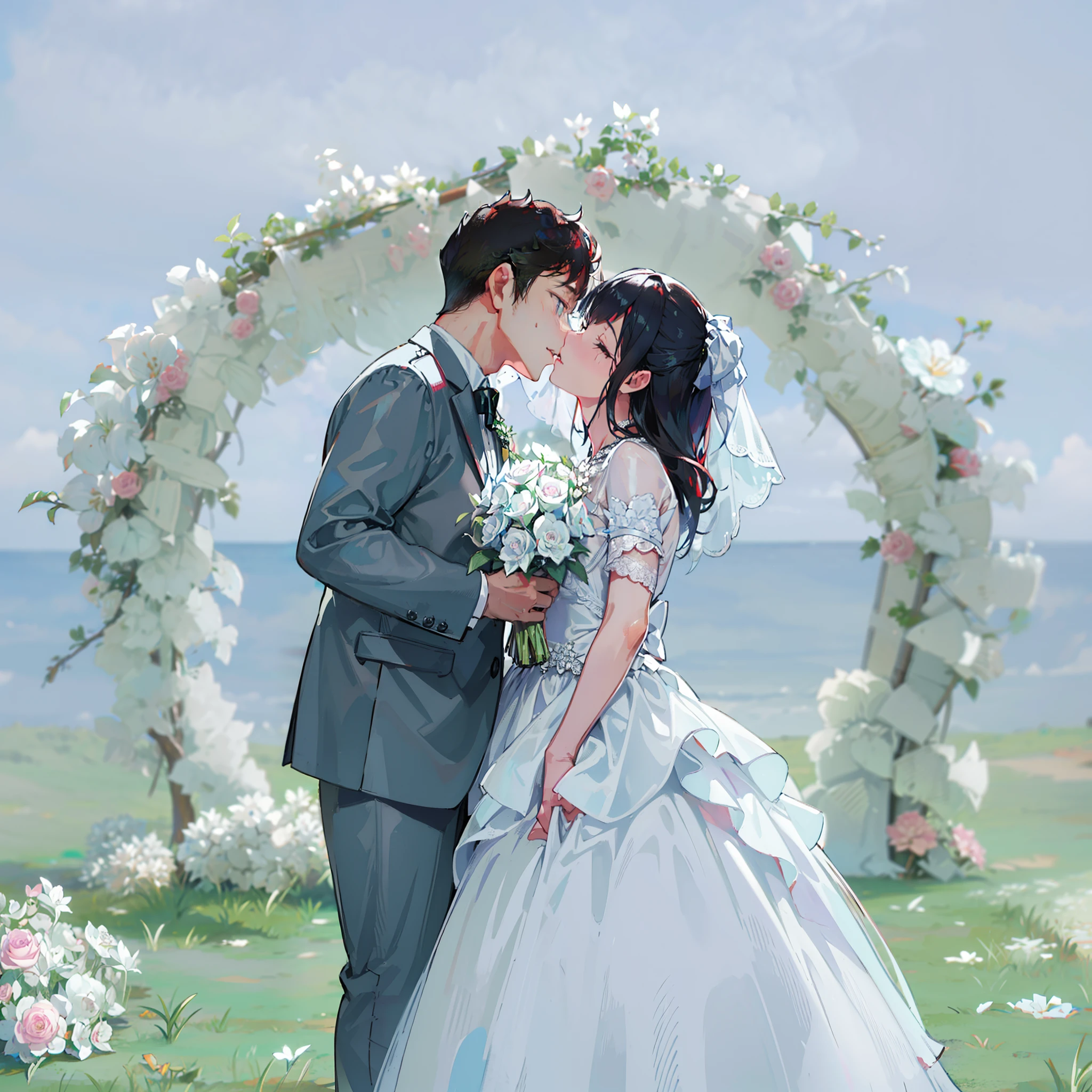 Bride and groom kissing in front of flower arch, wedding photo, Background with, Romantic, luxurious wedding, kissing together cutely, Weddings, Shot with Canon EOA 6 D Mark II, couple kissing, trailer, lovely kiss, professional wedding photography, 🤬 🤮 💕 🎀, 𝓡𝓸𝓶𝓪𝓷𝓽𝓲𝓬, wedding photography, kisses, behind the scenes, cute couple, jia