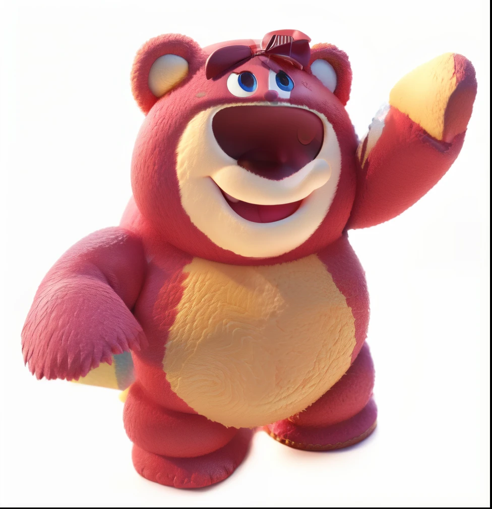 Close-up of a pink stuffed teddy bear waving its paws, depicted as a pixar character, ideal pixar character, Pixar", pixar character, pink iconic character, cute pixar character, as a pixar character, As a claymation character, dusty, Plush one, bear, Made by Pixar, A luxurious, toy bear, lumpy skin, pixar character design, gummy bear,blindbox,3D,Clay texture