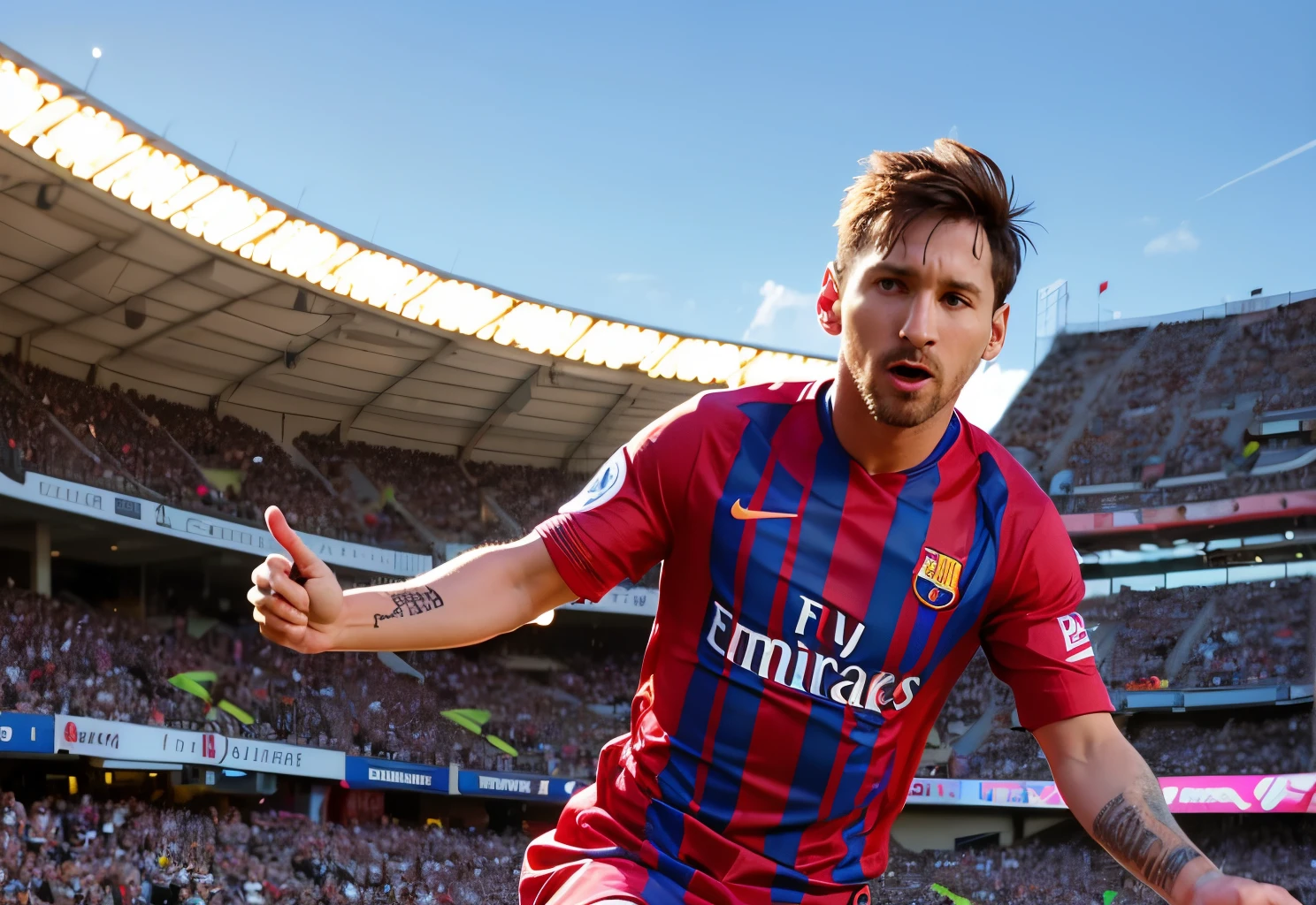 Create a photo where Lionel Messi plays soccer at the Deportivo Real Madrid club