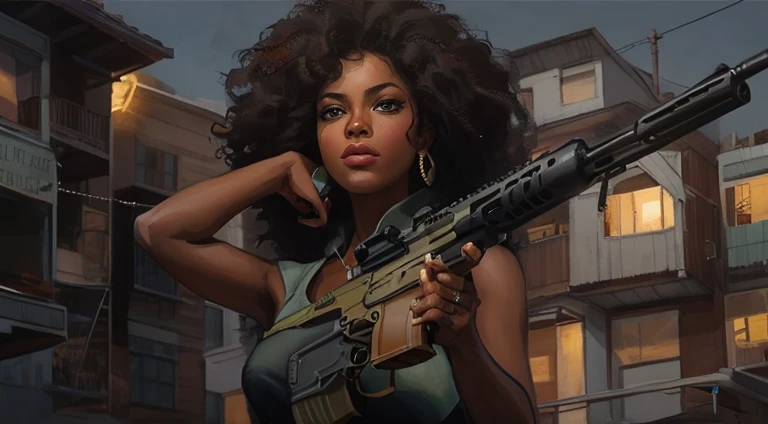 there is a woman holding a gun in front of a building, there is a woman holding a gun in front of a building, digital art by Jorge Jacinto, Artstation, afrofuturism, rob rey, extremely high quality artwork, beautiful artwork, stunning artwork, full art illustration, black woman, Art painted by Terese Nielsen, her husband Cliff Nielsen and Chris Moeller