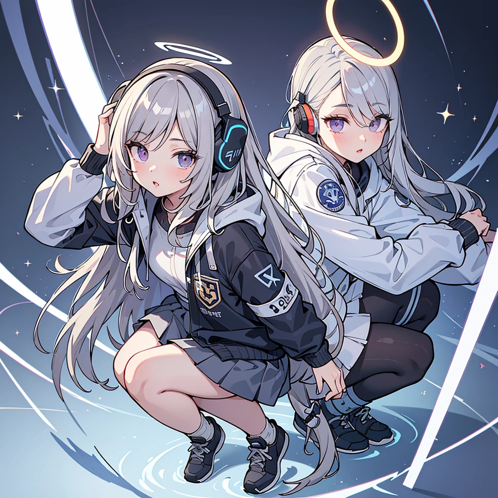 best quality, highres, ultra-detailed, realistic:1.37, detailed eyes, detailed lips, long eyelashes, oc, full-body, wearing headphones, black and white windbreaker, messy long gray hair, pleated skirt, purple left eye, golden right eye, halo above the head, azure archives artistic style