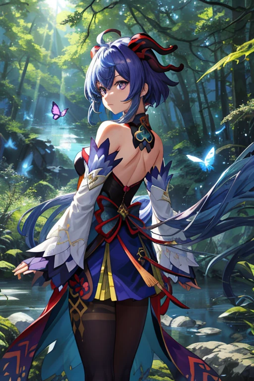 ((1girl, solo)), masterpiece, superlative, portrait, hyperdetail, illustration, close-up, gorgeous background, straight shot, blue hair, purple eyes, (focus on face), looking into the distance, forest, sun, wind, butterfly, studio lighting, horizontal axis, tree, lake, standing, ganyu \(genshin impact), double horn, bare shoulders, tights