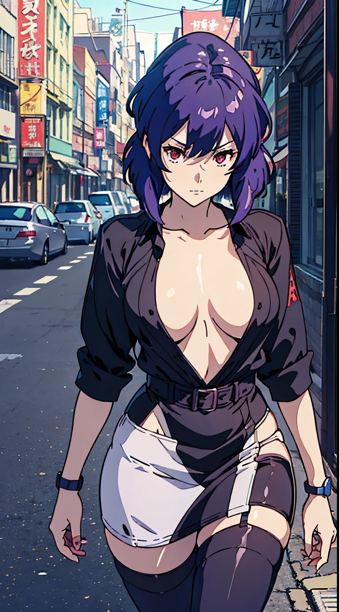 Suko Kusanagi，Purple colored hair, red eyes,Anime style woman wearing black tights， anime《Fantasma na Concha》Curly, kusanagi, Misato Katsuragi, Inspired by Morikage Hisumi, anime, Fantasma na Concha, Ghost in the Shell style,seductive anime girls, Anime cute art style, smooth anime cg art, thicc, Anime girl wearing black dress, photorealistic anime girl rendering, ECCHI anime style, realistic anime 3D style, attractive anime girls, noire moody scene, [ 4K digital art ]!!
