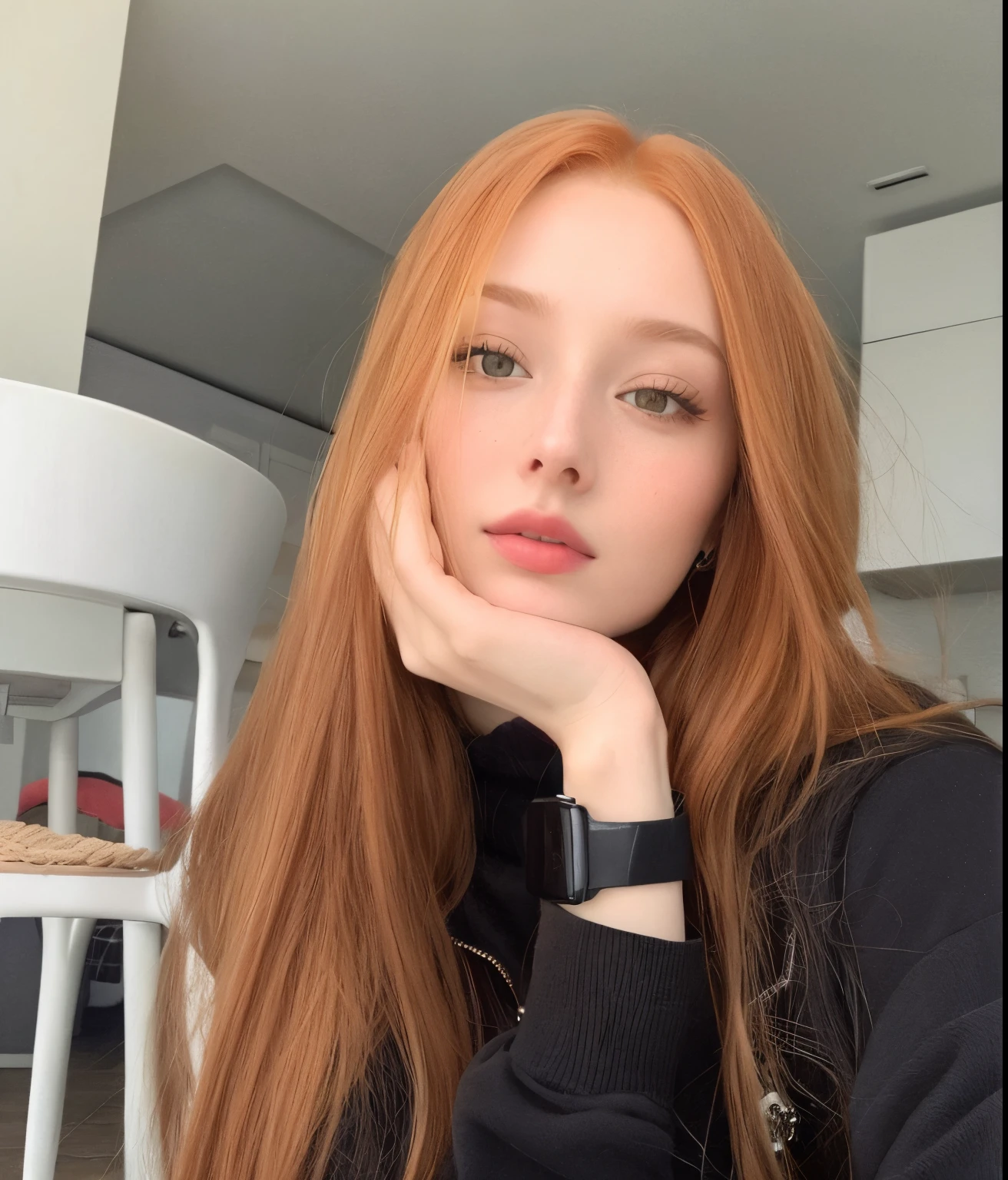 red-haired woman with long hair and a black sweater posing for a photo, Anna Nikonova aka Newmilky, 18 anos, Sophie Turner, Taran Dasha, Yelena Belova, Ellie Bamber, Menina de Sophie Turner, imagem vazada, ela tem cabelos longos e redorange, Anastasia Ovchinnikova, Ela tem longos cabelos castanhos alaranjados