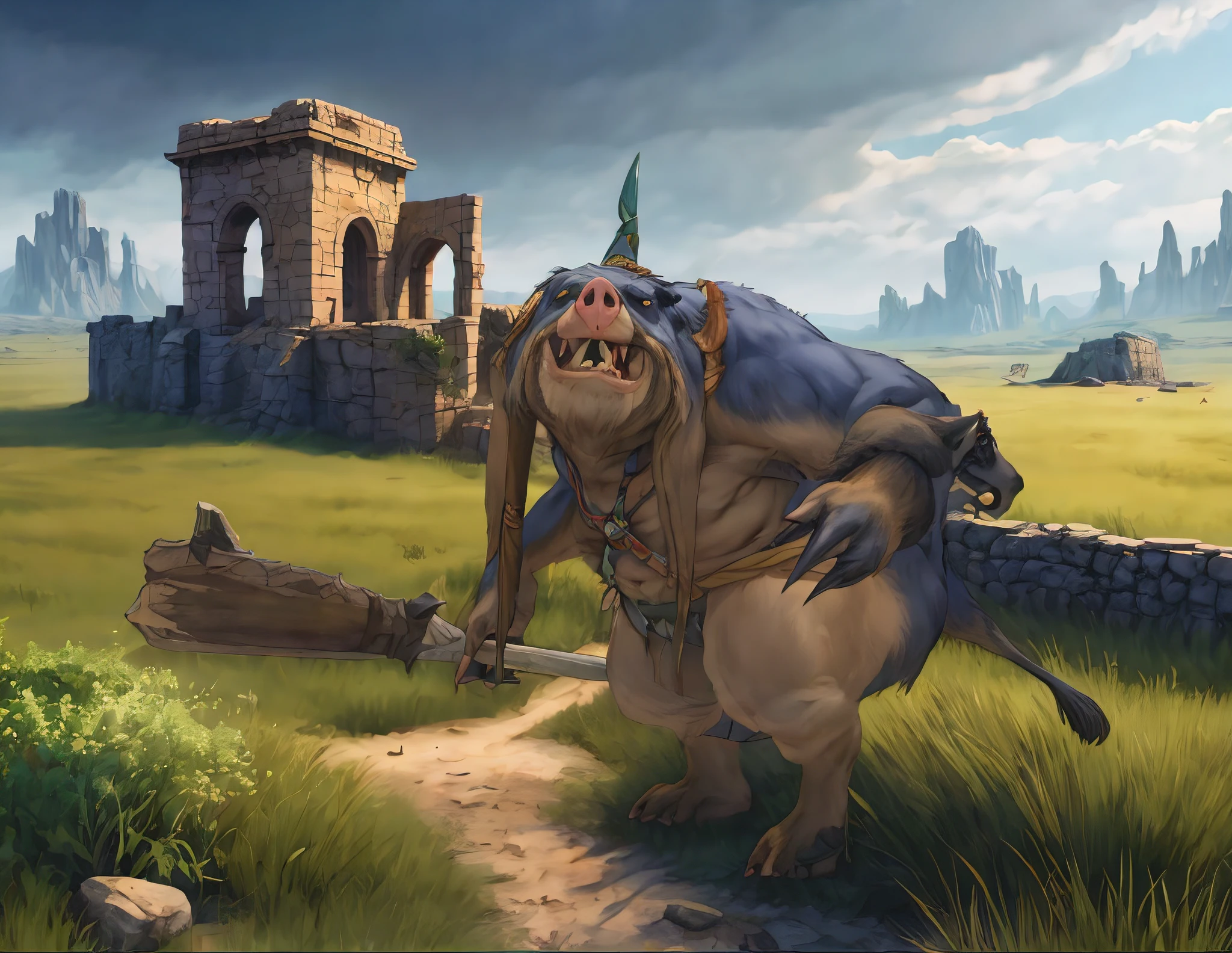 uploaded to e621.net, masterpiece, 8k, hyena, male, gray hair, soft figure, heavy, chubby, muscular, barbarian outfit, laughing, brown leather outfit, beige fur, spots, (bare paws:1.2), digitigrade, standing, looking down, (huge penis:1.2), (thick penis:1.6), (huge testicles:1.3), (thick foreskin:1.2), (flaccid:1.4), detailed penis, primitive village, tiny village, (giant:1.5), (macro:1.4), (crowded:1.3), (figures in background:1.5), longhouse, by darkgem, by bng, by duase, by gideon, by teaselbone,