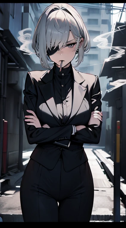 (best quality,4k,highres,masterpiece:1.2),ultra-detailed, adult Female, short white hair, black eyes, ahoge, black suit,crossed arms, eyepatch, smoking,