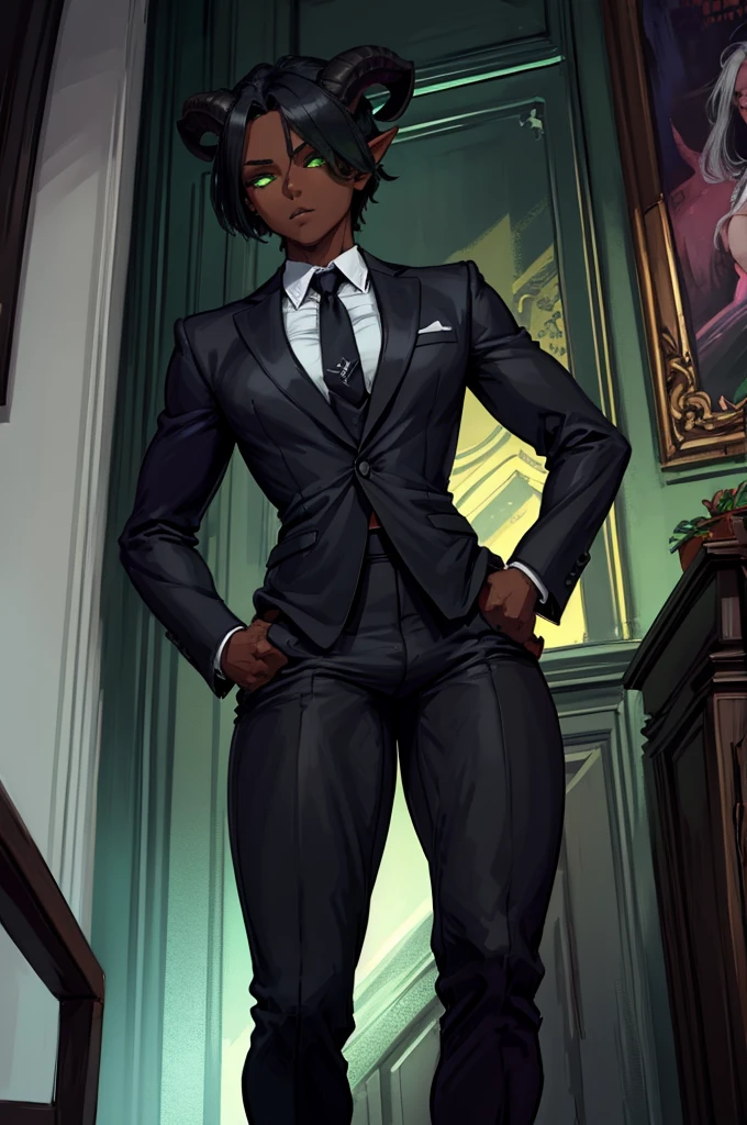 (Masterpiece) (High Detail) (High Res) (Black Skin) Looking from below A young age black humanoid FutEred with dark skin and ebony flesh and green eyes and short black hair and goat ears and short dark goat horns and a toned teeny and average breasts wearing a formal suit and tie with a bulge in her pants