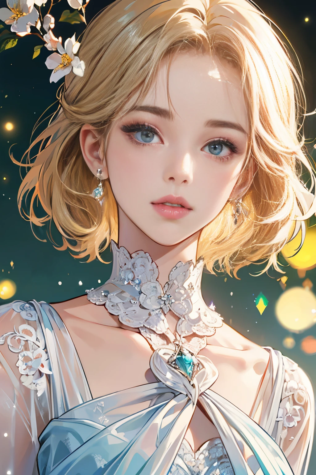 (detailed lips), (realistically:1.37), (vibrant with colors), (Studio lighting), (Focus sharp), (HighDynamicRange), (bokeh), (to contrast), (k hd:1.2),  (Elegant hairstyle), (gracefulness), (youthful), (Luxurious and refined accessories), (sparkle eyes), (Radiant), (serene), (glowing), (like a dream), (dynamic), (gorgeous one), (sensitive), (drastic), (Complex), (everlasting), (very beautiful clothes，Delicate floral lace embroidery), (mistic), (Ethereal), (mistic), (flawless perfection), (Interesting), (unique), (tmasterpiece), (A high resolution), (Best quality, 4K, 8K), Alone, 18yo Girl.