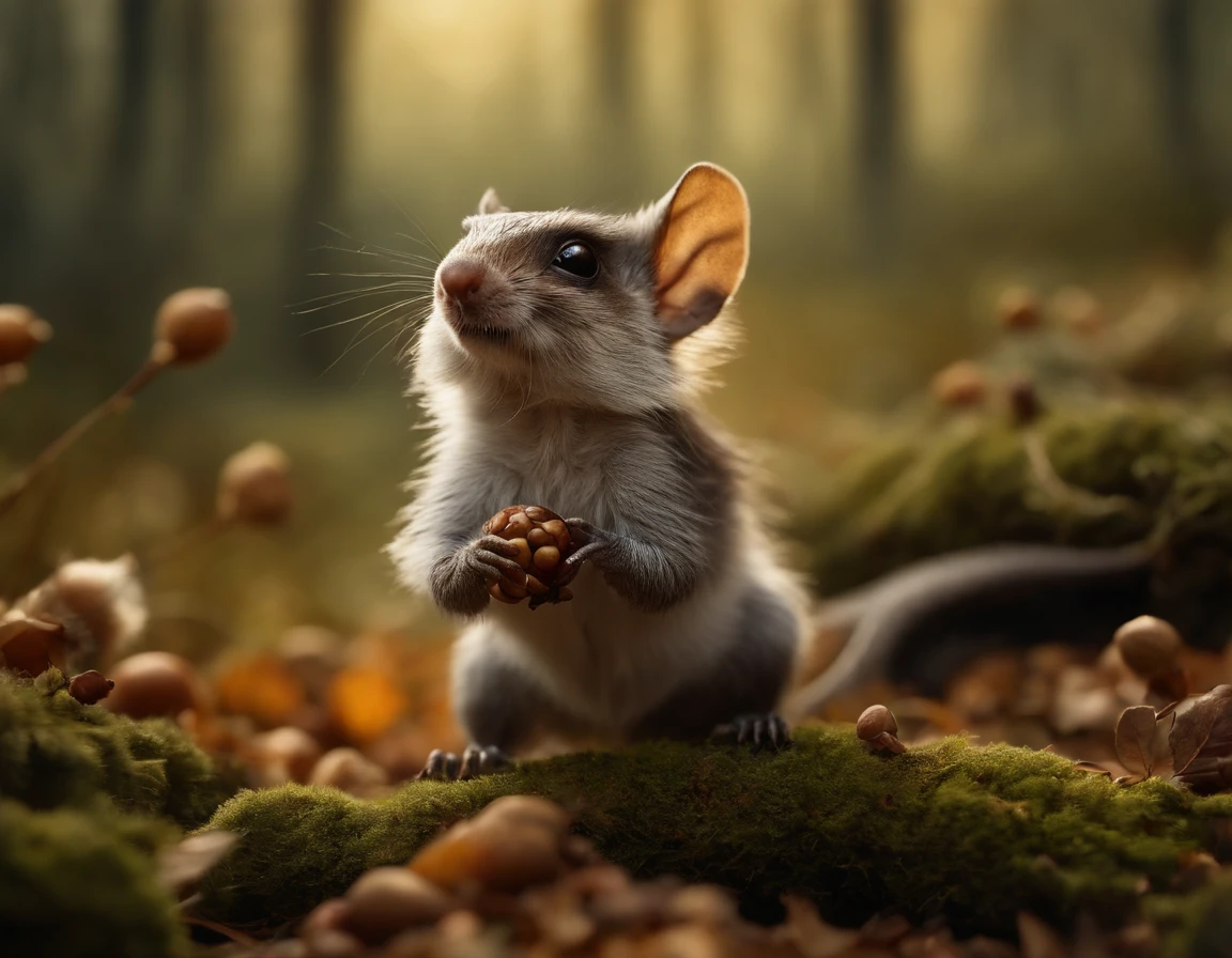 gremlin, mole-like, bright silver and brown, long tail, double nose, huge ears, covered with silver fur,tousled, five toes on each paw, holding a huge acorn in his paws,  stands in a forest clearing under the foliage of bast., acorns lie in the clearing, acorns glow, Crickets fly, Best Quality, Masterpiece, in style of dark fantasy art,  fantasy-inspired, in the style of John Tolkien,