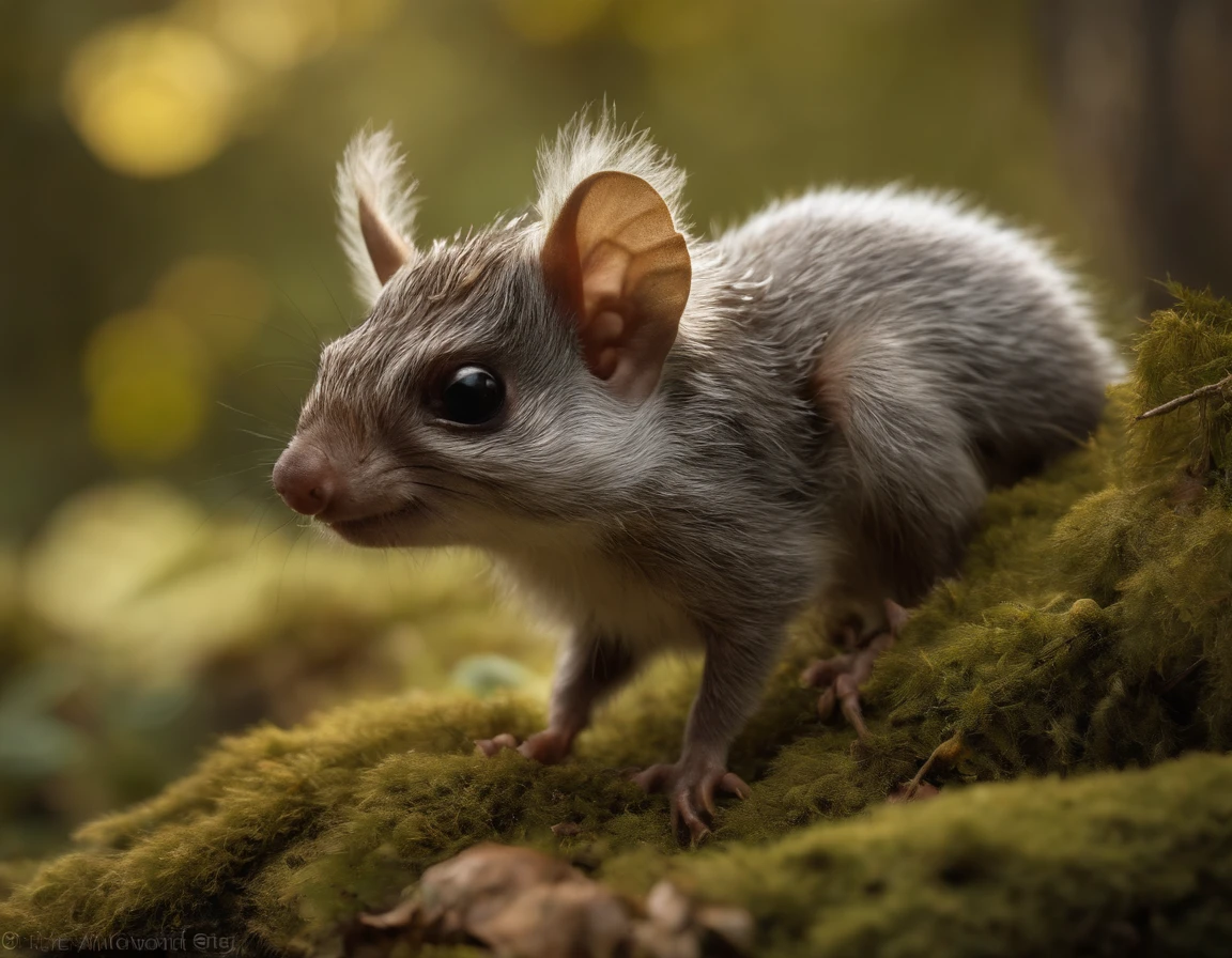 gremlin, mole-like, bright silver and brown, long tail, double nose, huge ears, covered with silver fur,tousled, five toes on each paw, holding a huge acorn in his paws, stands in a forest clearing under the foliage of bast., acorns lie in the clearing, acorns glow, Crickets fly, Best Quality, Masterpiece, in style of dark fantasy art, fantasy-inspired, in the style of John Tolkien,