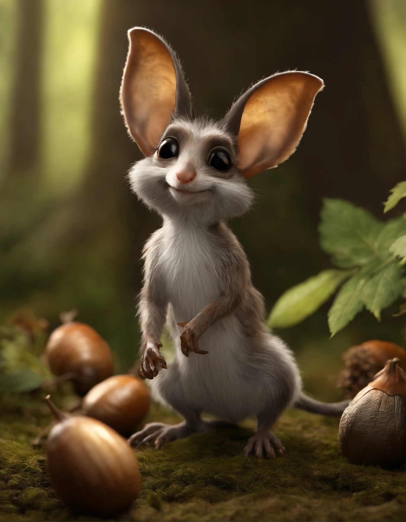 gremlin, mole-like, bright silver and brown, long tail, double nose, huge ears, covered with silver fur,tousled, five toes on each paw, holding a huge acorn in his paws, I'm standing in a forest clearing under the foliage of bast., acorns lie in the clearing, acorns glow, Crickets fly, Best Quality, Masterpiece, in style of dark fantasy art, in the style of fantasy, in the style of John Tolkien,