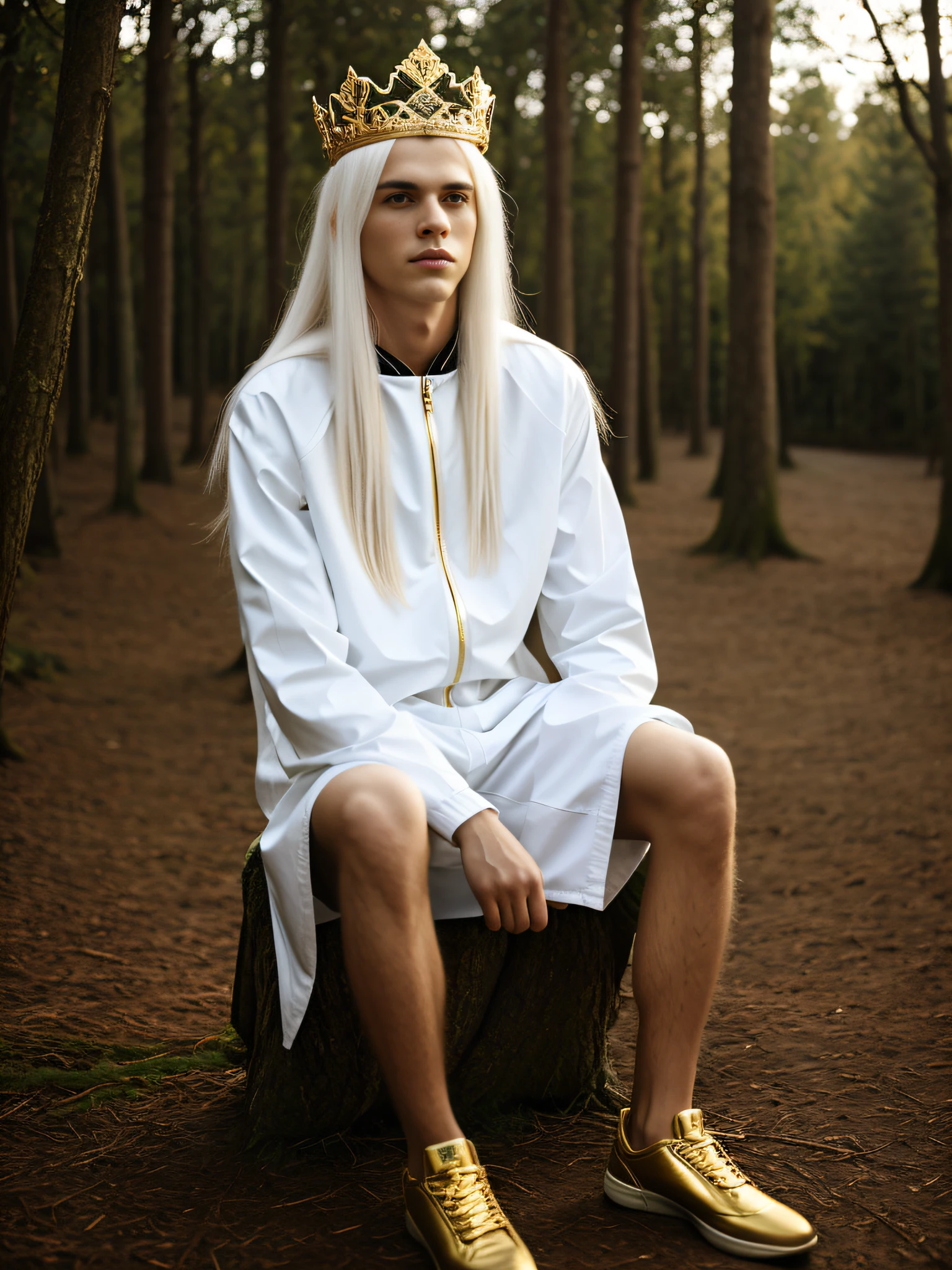 Skinny boy with long white hair, shiny hair, straightened hair, golden jacket, sitting in the middle of the woods, wearing a crown, a castle in the background. Hyper realistic.