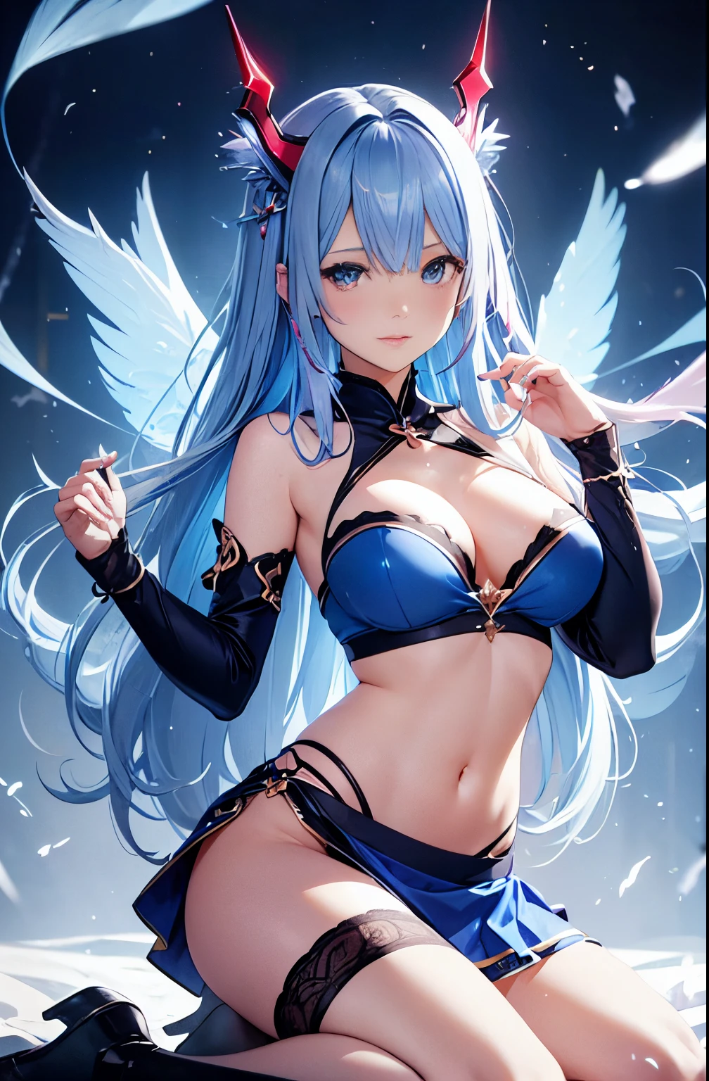 A Masterpiece、BEST QUALITY、pink hair、Blue lightning、lifelike、realistic details、highdetail。blue clothes。Blue thunder。Blue Crystal。floating particles。Blue smoke。Blue crystals around。Blue smoke wafting around。Kneeling。Warping the body。warping the body。Horns。
a 1girl, beautiody, Seductive face,, fine skin, anicos_No one,, hair long, navel out, Detached sleeves, Bare Shoulders, Central opening, cleavage between breasts, mid breasts, Hair clip with long feathers, Blue hair ornament, red eye, thigh highs,Watch your audience,Isekai、Mini skirt、Yami Ochi。Luminous eyes。