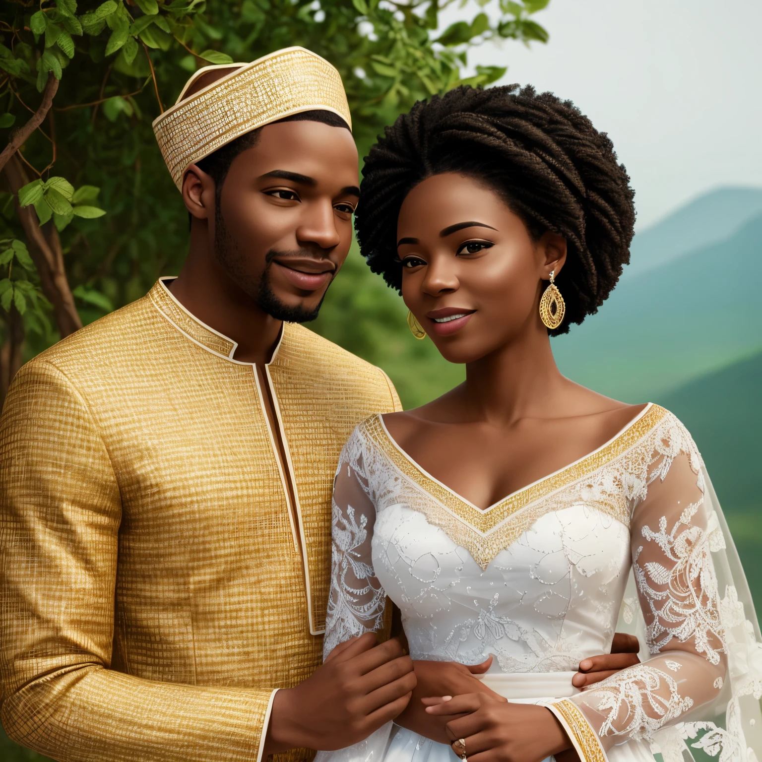 Produce a realistic and detailed visual representation of a happy african couple, with special attention to detail. They are wearing nigerian elegant attire.  They are very joyful and full of laughter. Very detailed face. Very detailed eyes. Man is dark very tall handsome with a beard. Place them against an immersive backdrop of stunning natural landscapes, ensuring the atmosphere conveys attraction and beauty. Highlight the couple's emotional connection and harmony with the natural surroundings in the composition of the image , portrait lighting