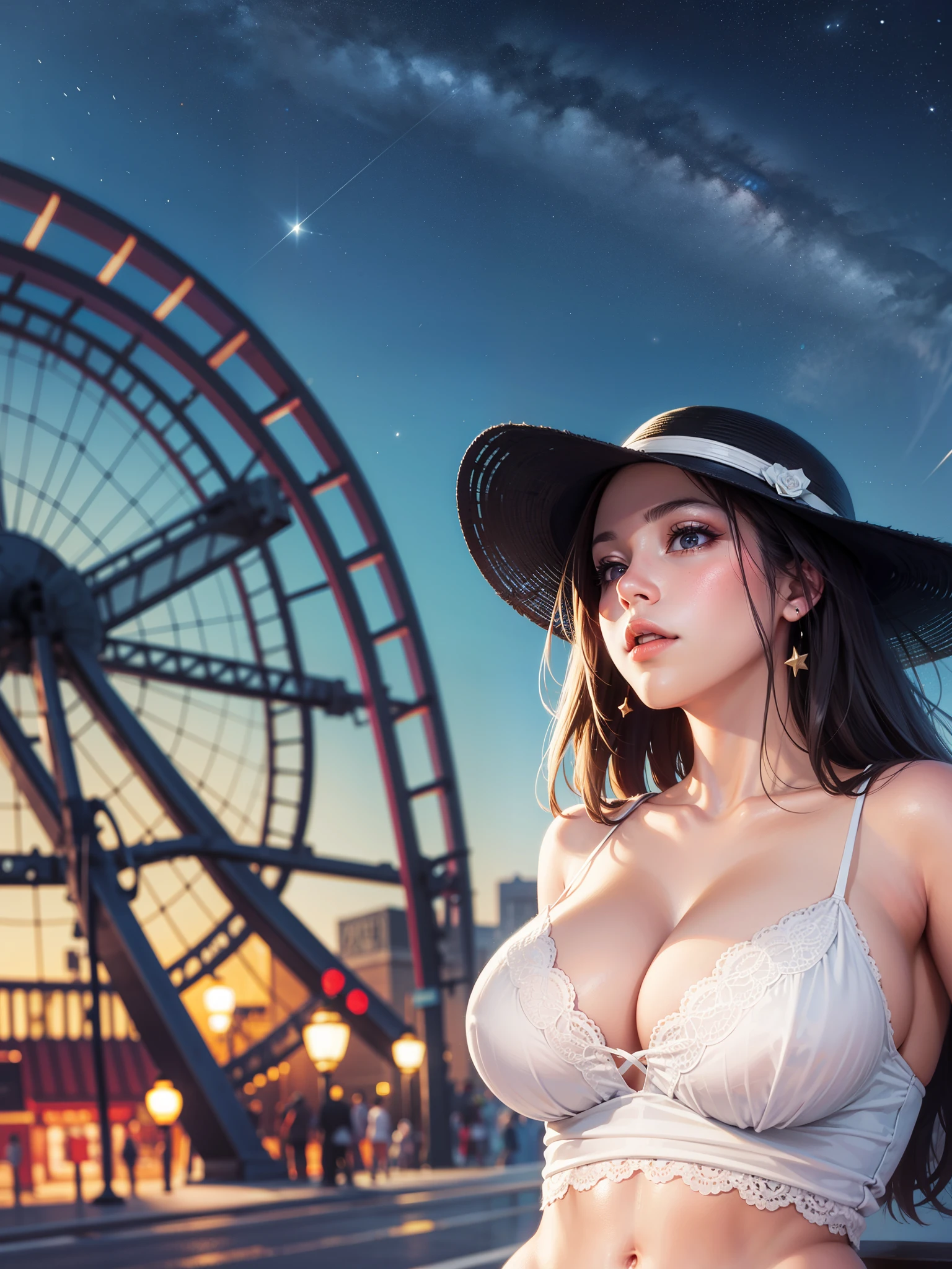 3 beautiful busty in summer wears, in theme park, starry night, gigantic breasts --auto --s2