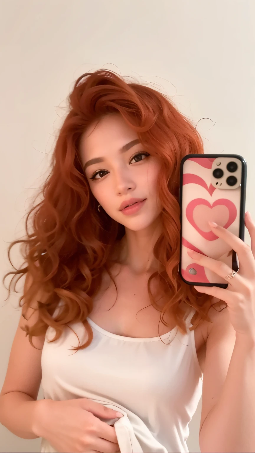 There's a woman taking a selfie with her phone, com cabelos ruivos cacheados, cabelos cacheados vermelhos, cabelos ruivos cacheados, gengibre cabelo ondulado, cabelos cacheados vermelhos, longos cabelos vermelhos cachos, cabelos ruivos grandes ondulados, Deusa dos cabelos ruivos, flowing ginger hair, cabelos cacheados cor de cobre, longos cabelos ruivos soltos, red head, cabelo de gengibre selvagem, she is redhead