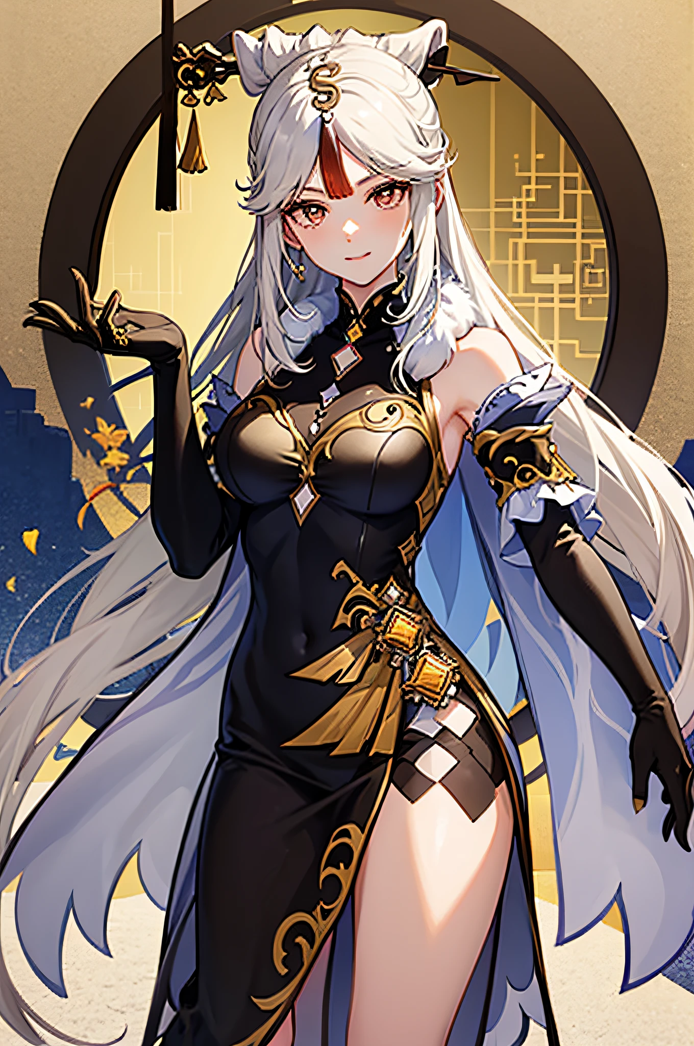((Best Quality)), ((Masterpiece)), a perfect face, Ning Guang, Genshin Impact, a beautiful background, Mature Lady, busty figure