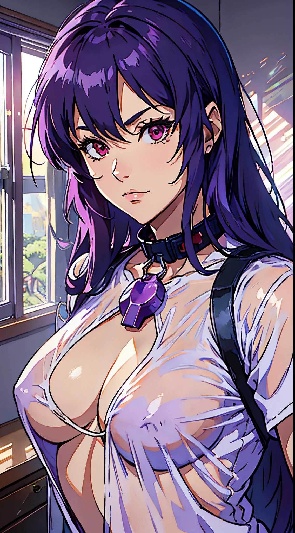 Suko Kusanagi, Purple colored hair, red eyes,Wearing a transparent black bodysuit,anime style beautiful woman, lie on bed, (tmasterpiece, Best quality:1.2), cow boy shooting, Alone, 1 busty girl, Highest resolution,distinct_Image of a)Best quality, maam, tmasterpiece, The is very detailed, Semi-realistic, Transparent oversized T-shirt,exposing her breasts, shirt pulling, The collar is around the neck, Inside the room, Modern bedroom, window, Get up, Morning, The face is red